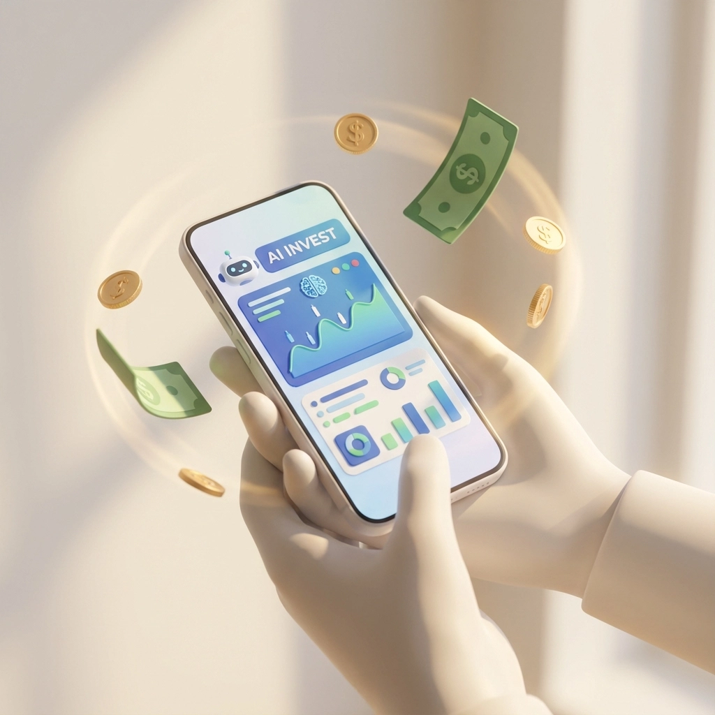Hands holding a smartphone with "AI INVEST" on screen, surrounded by floating money. Bright background, futuristic investment theme.