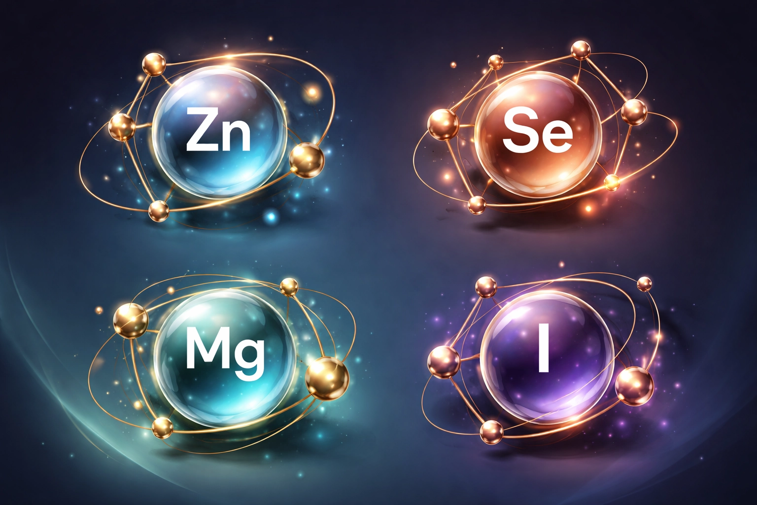 Array of trace minerals zinc, selenium, magnesium, and iodine illustrated to highlight their role in hormone balance
