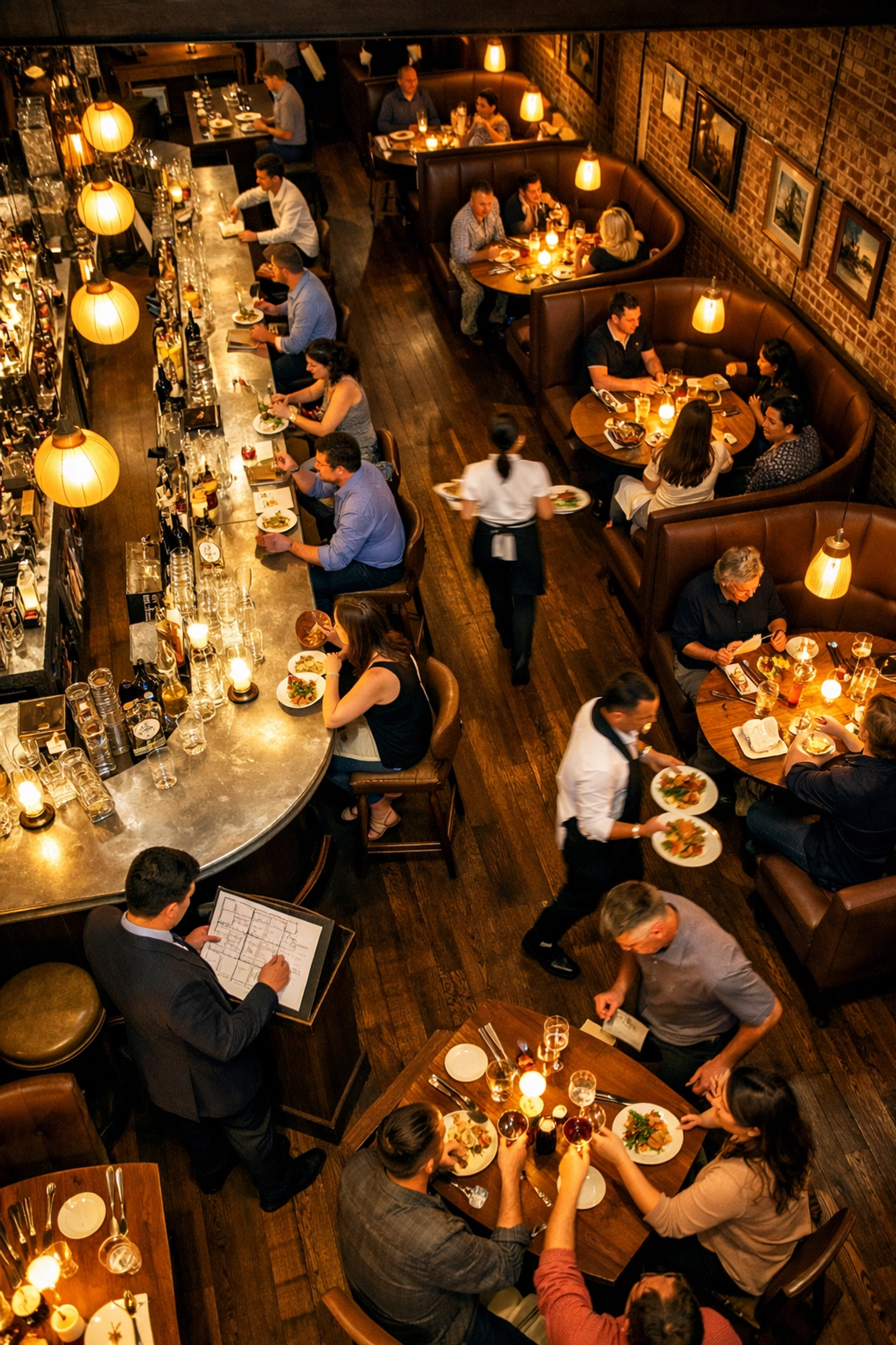 Overhead view of Bar Panisse dining room showing Craftsman design and operational layout