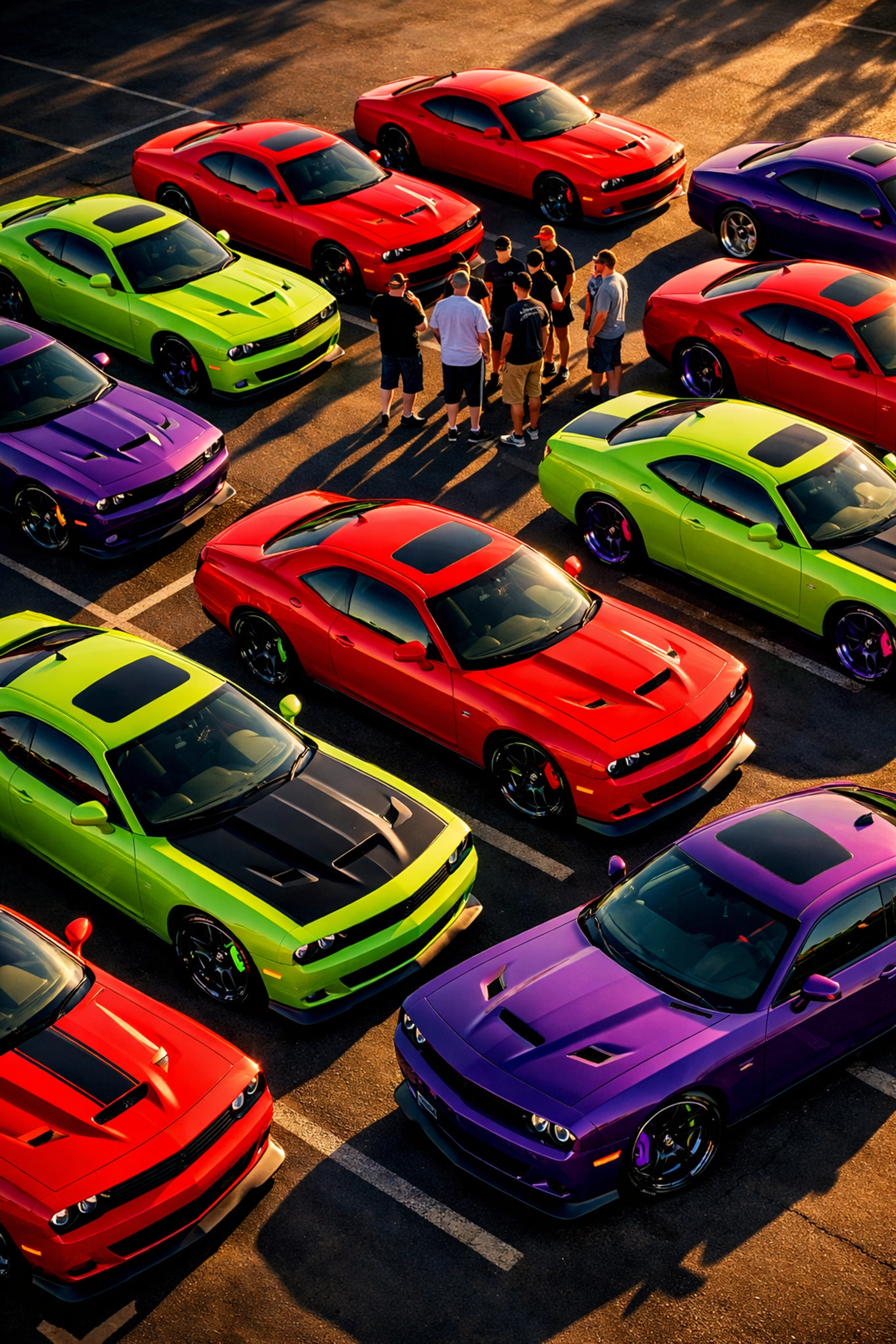 Mopar car club meeting with Dodge Challengers and Chargers showing custom powder coated brake calipers