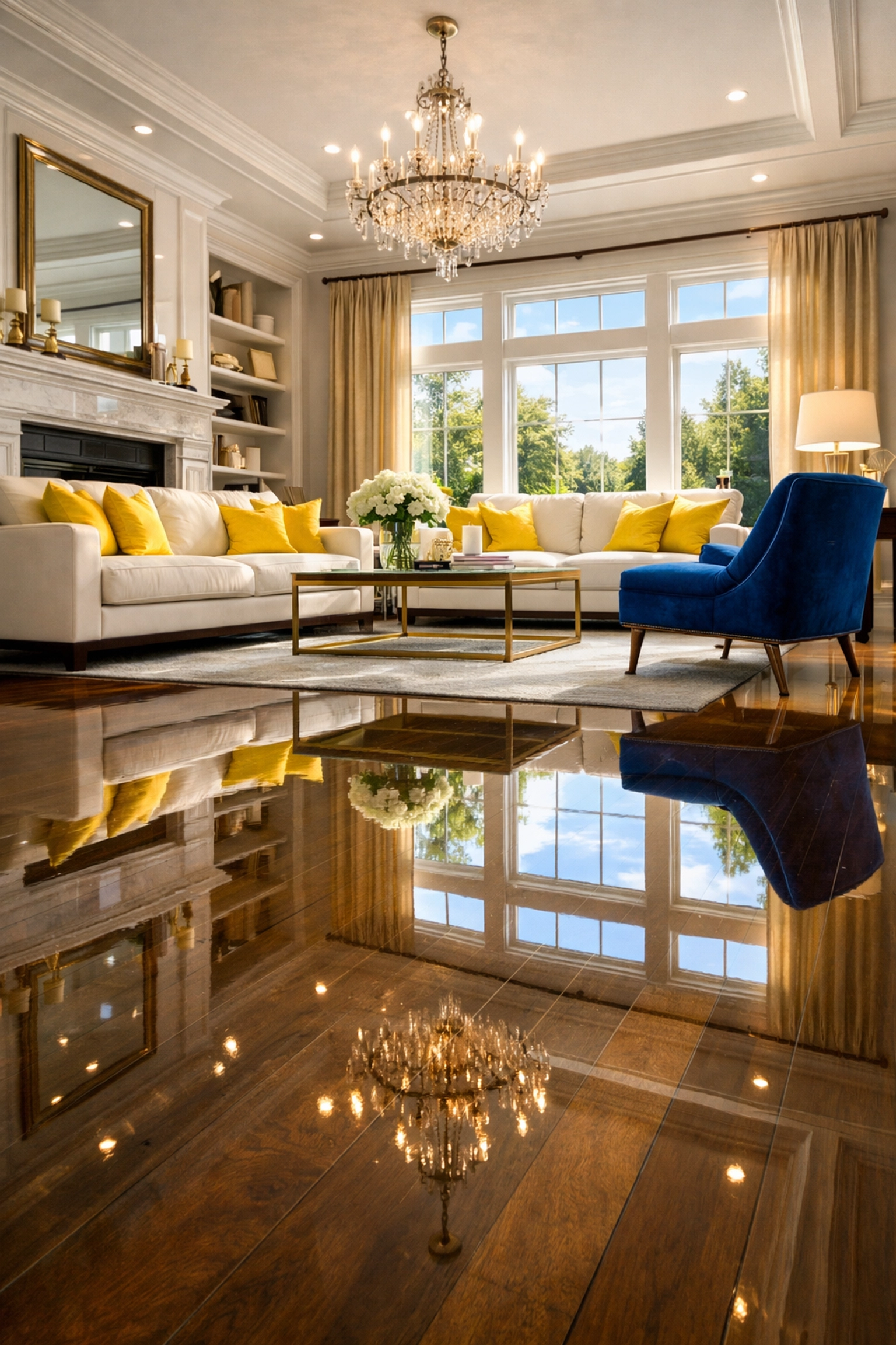 A spotless luxury living room with polished floors, cleaned by top professional cleaners in Burlington.