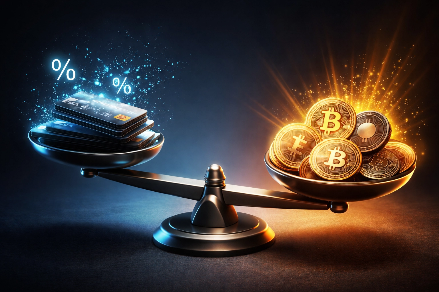 Digital scale comparing traditional credit card fees to cryptocurrency POS savings for merchants