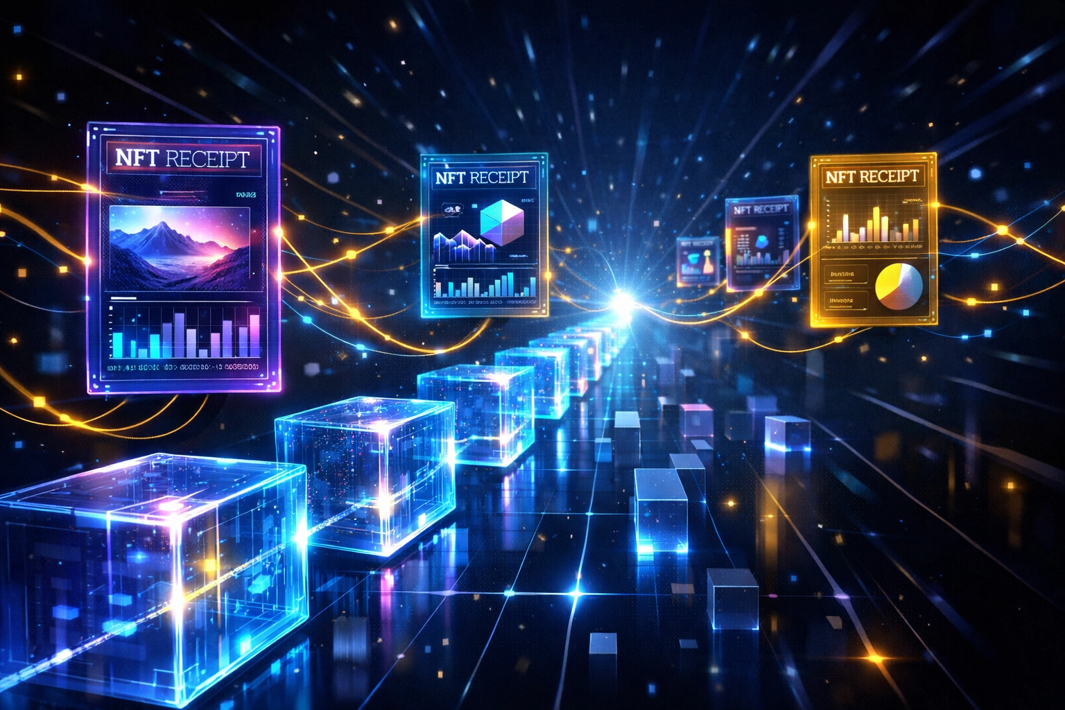 Blockchain network with NFT receipt tokens demonstrating permanent transaction record storage