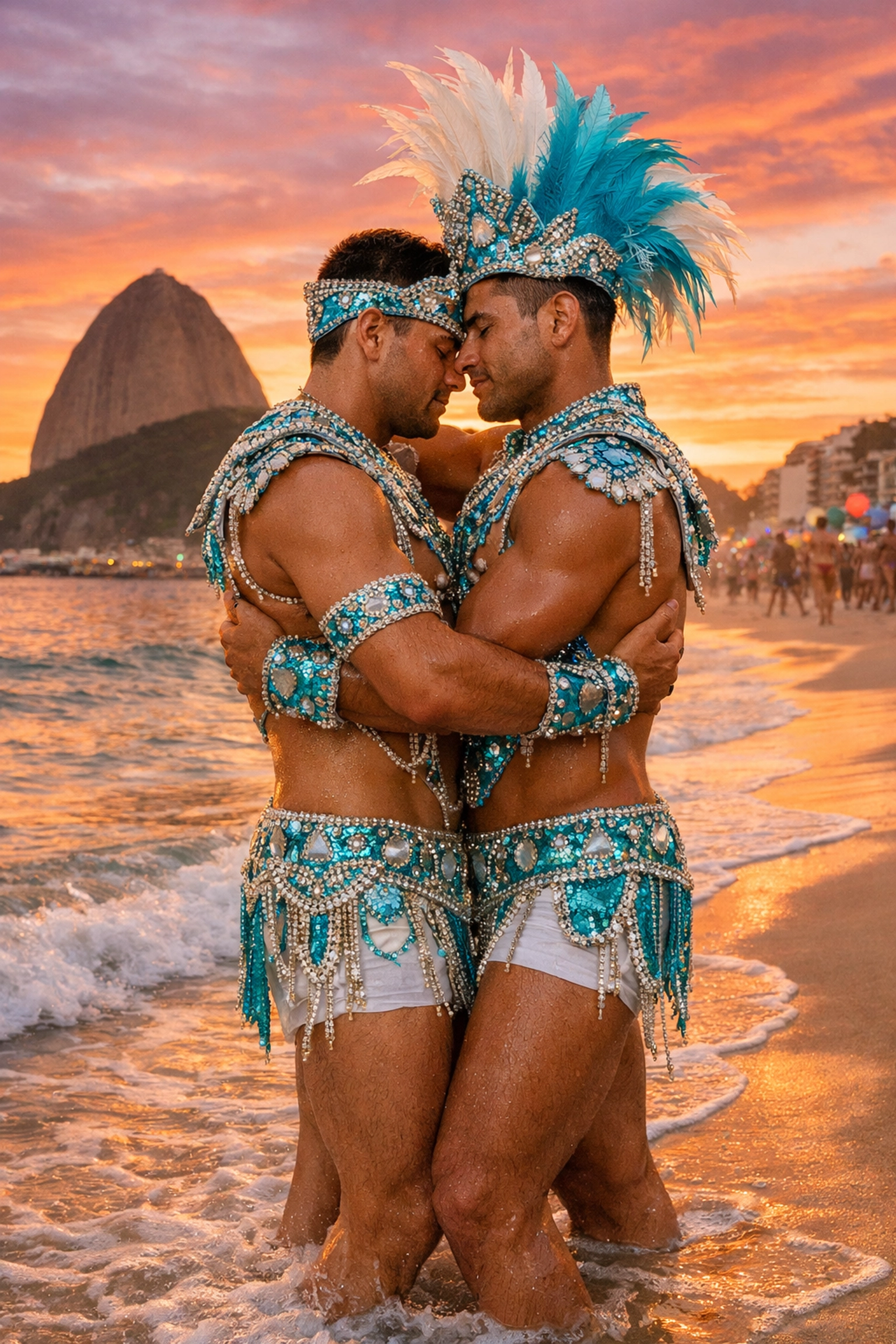 Gay couple embracing at Rio beach during Carnival with Sugarloaf Mountain backdrop