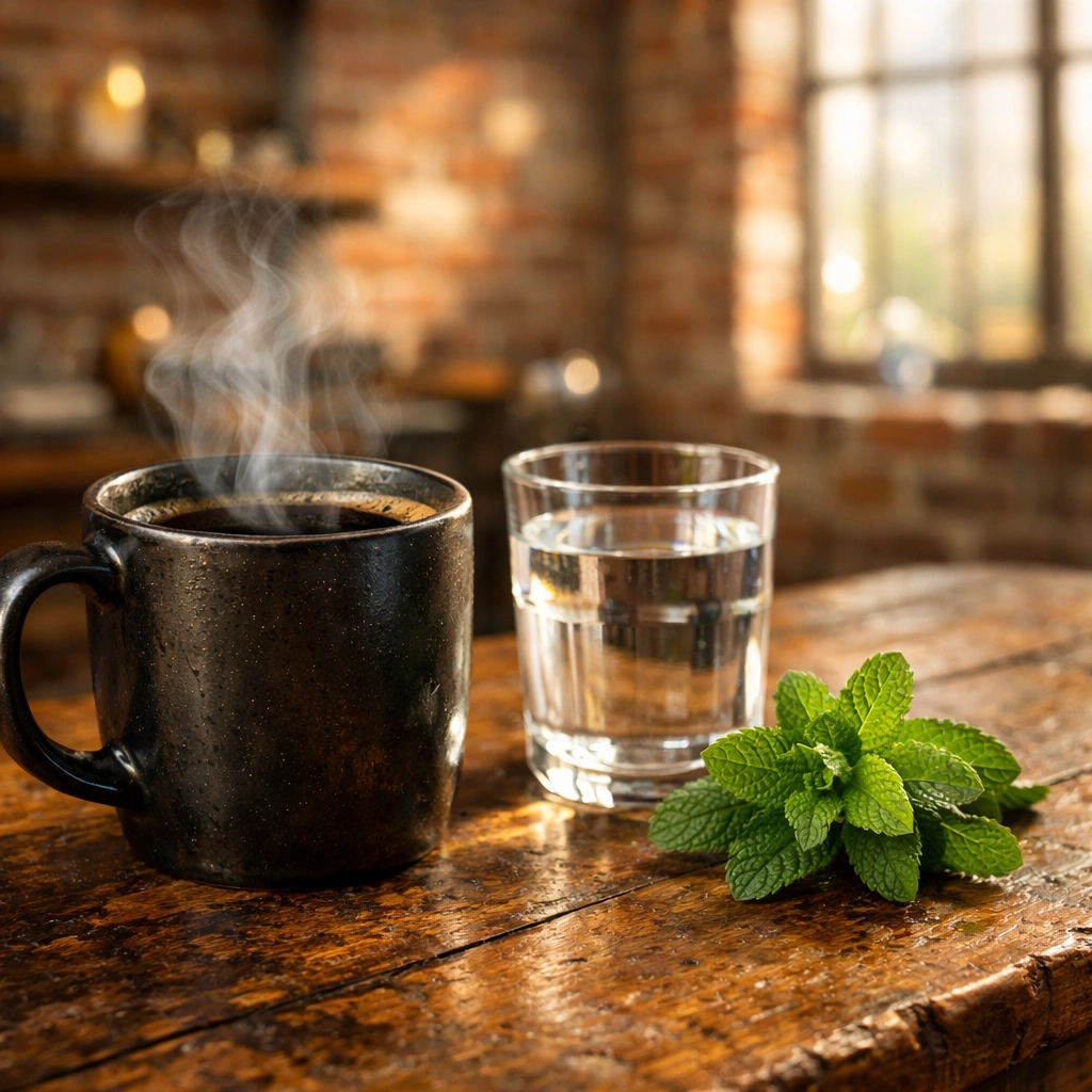 A mug of low-acid coffee on a rustic table, symbolizing gut health and balanced digestion for peak performance.