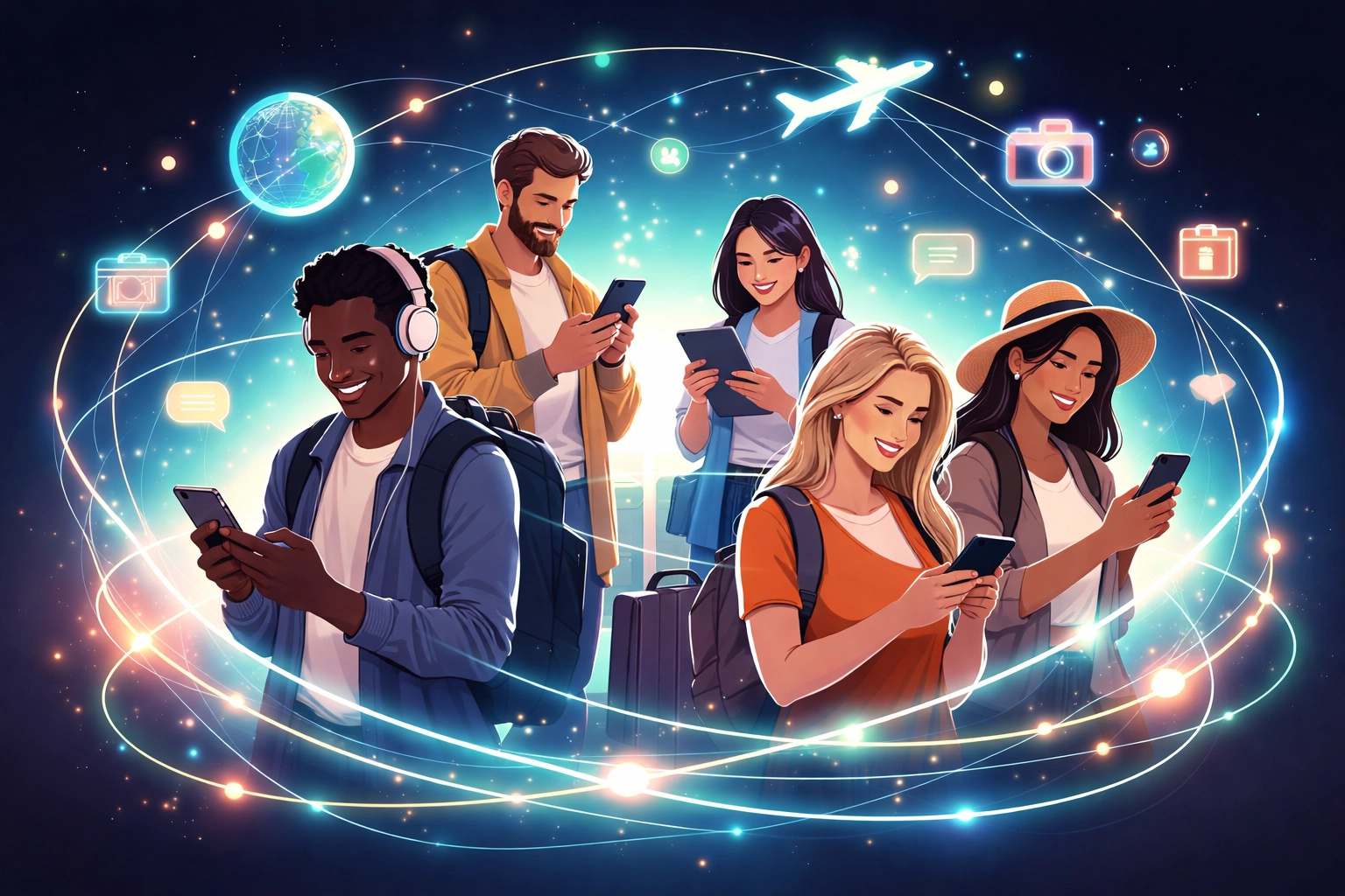 Diverse travelers connected in a glowing digital network, emphasizing building exclusive travel agent communities for client loyalty.