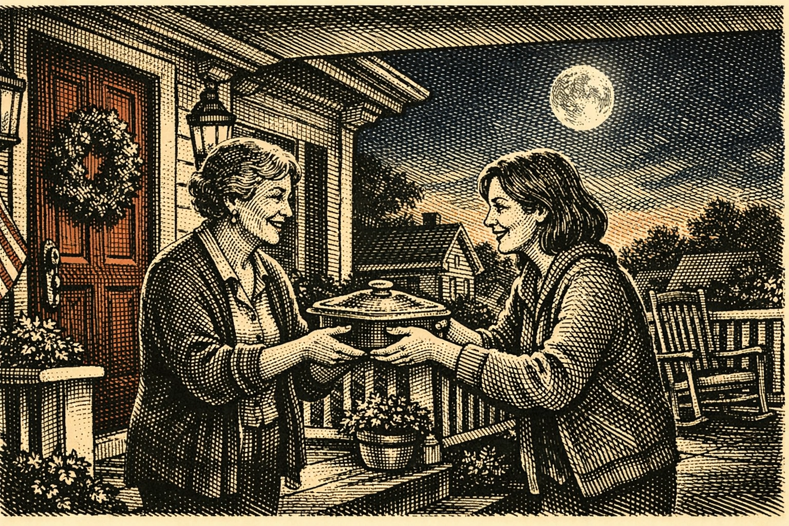 Neighbors sharing care on front porch illustrating community wellness connections