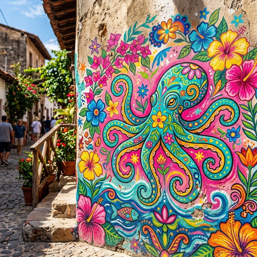 A stunning and colorful street art mural in Puerto Vallarta