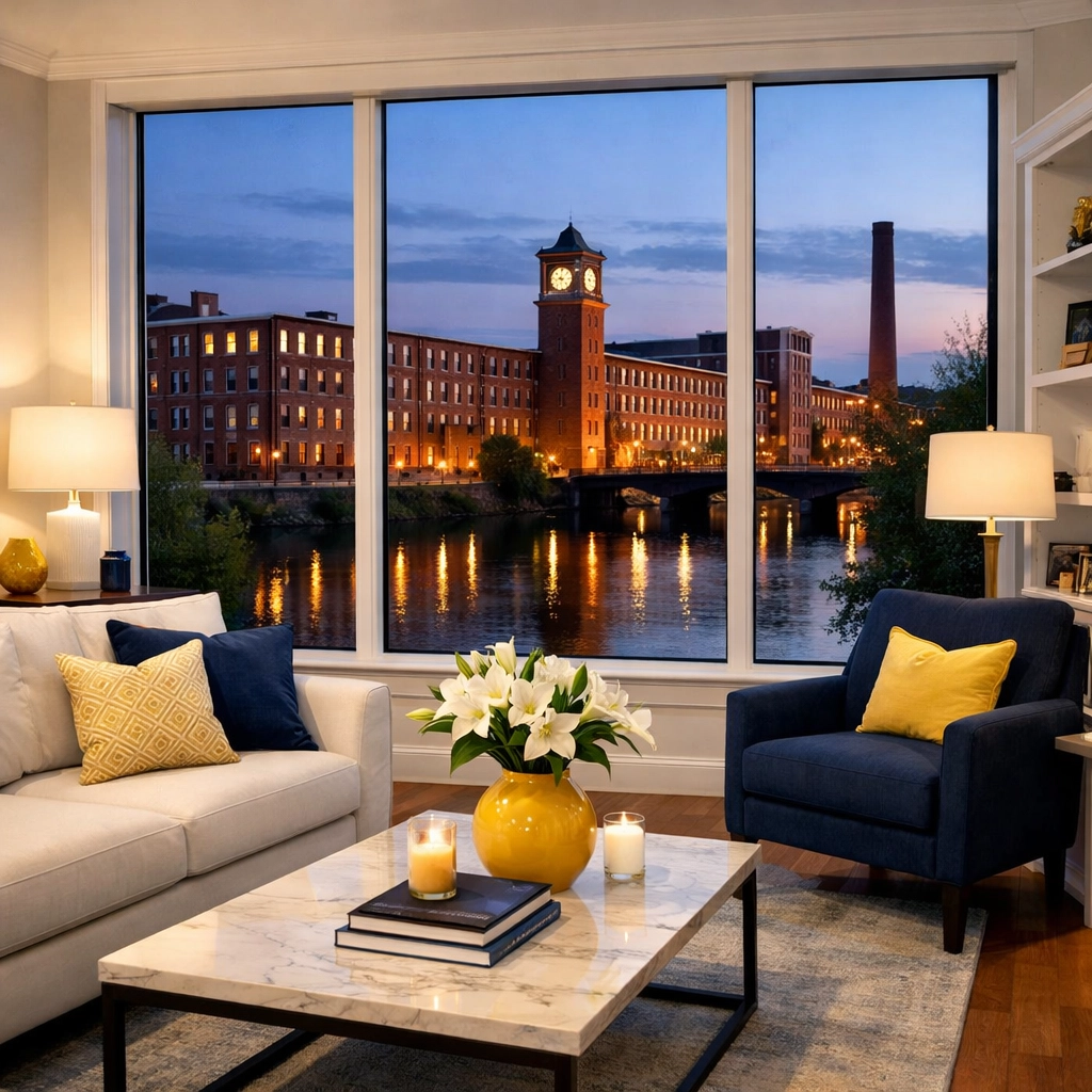 Clean modern living room with views of historic Lowell mills, maintained by professional maid services Lowell.