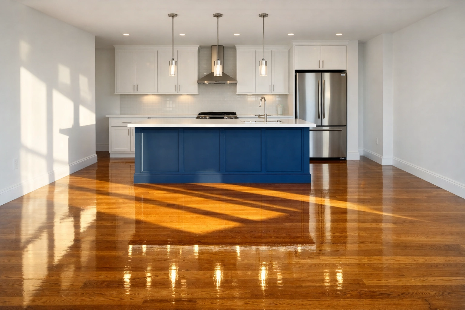 Sparkling empty luxury kitchen with polished floors after a professional move-out cleaning Cambridge.