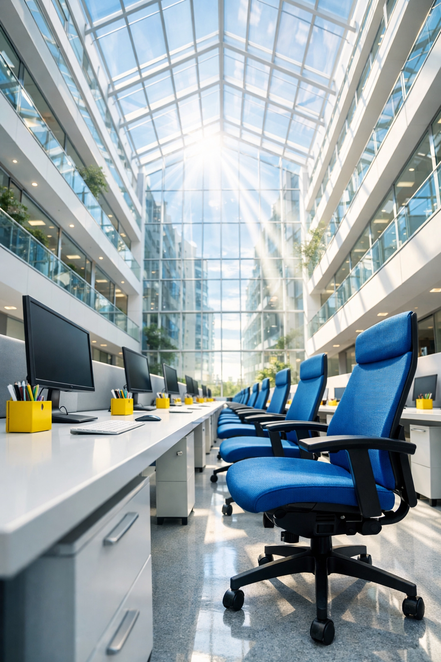 Sun-lit open-plan office with dust-free desks after thorough janitorial services Massachusetts for a productive team.