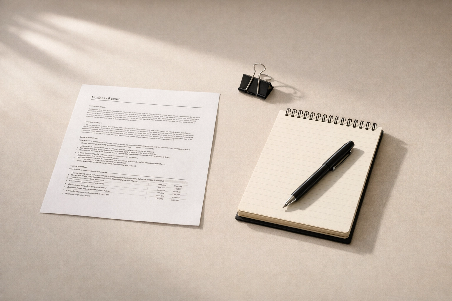 Clean desk with a printed brief and simple notepad, representing clarity and meeting preparation without extra tools