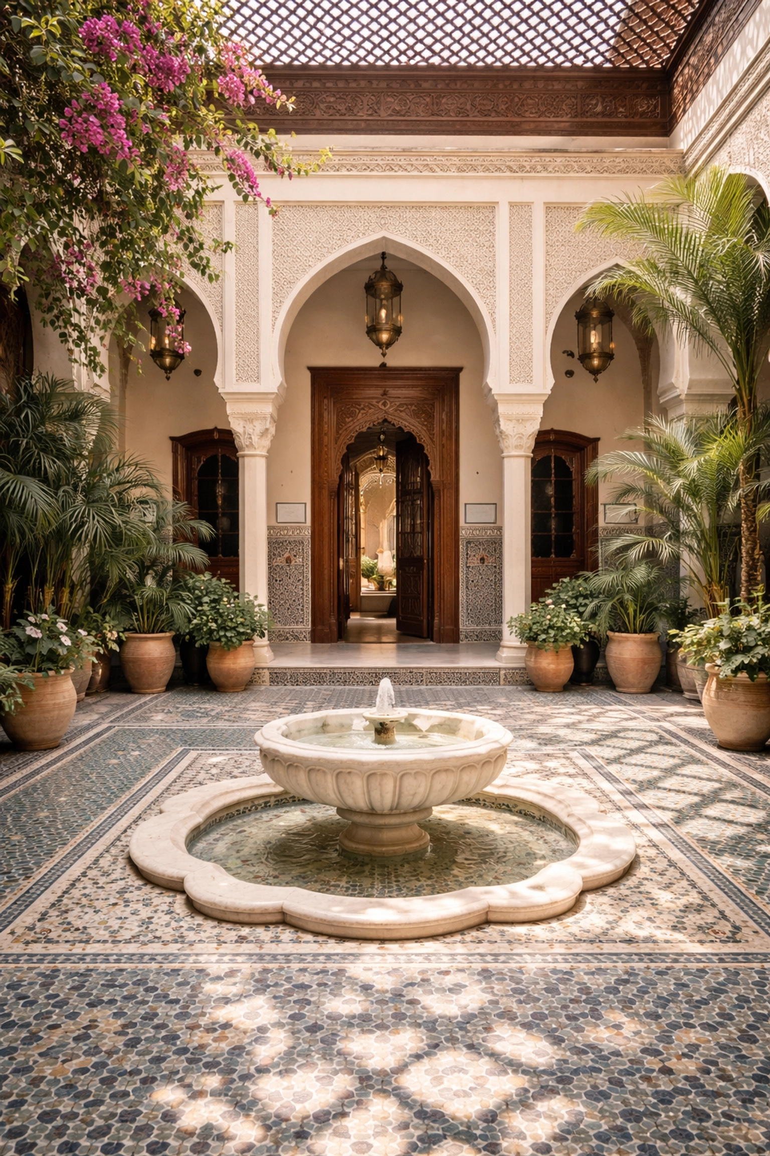 Traditional Moroccan riad courtyard with marble fountain, zellige tiles, and sunlight filtering through elegant arches