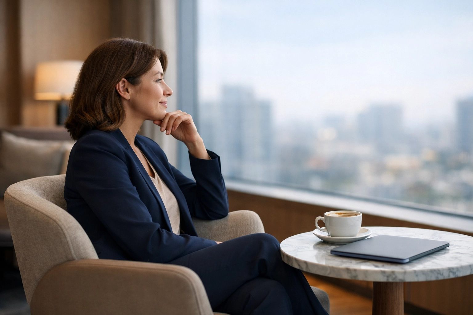 A hotel manager in a lounge using AI software to transition from manual data entry to strategic growth.
