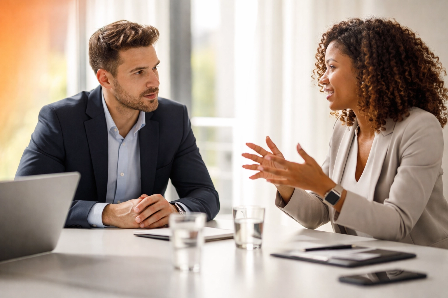 Two professionals engage in direct conversation in a modern meeting room, illustrating effective team communication.