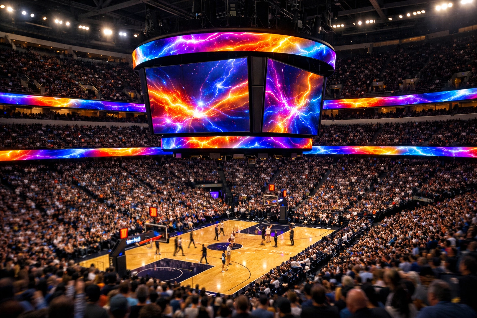 Digital sports advertising network featuring LED ribbon boards and video scoreboards in a basketball arena.