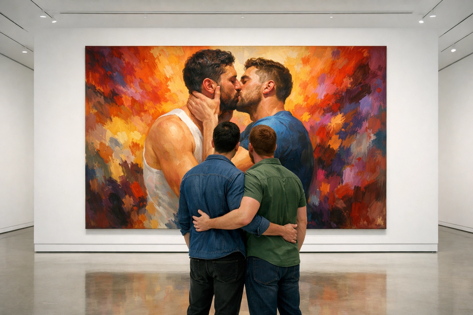 A gay couple in a modern art gallery viewing a painting of two men embracing, showing LGBTQ+ visibility.