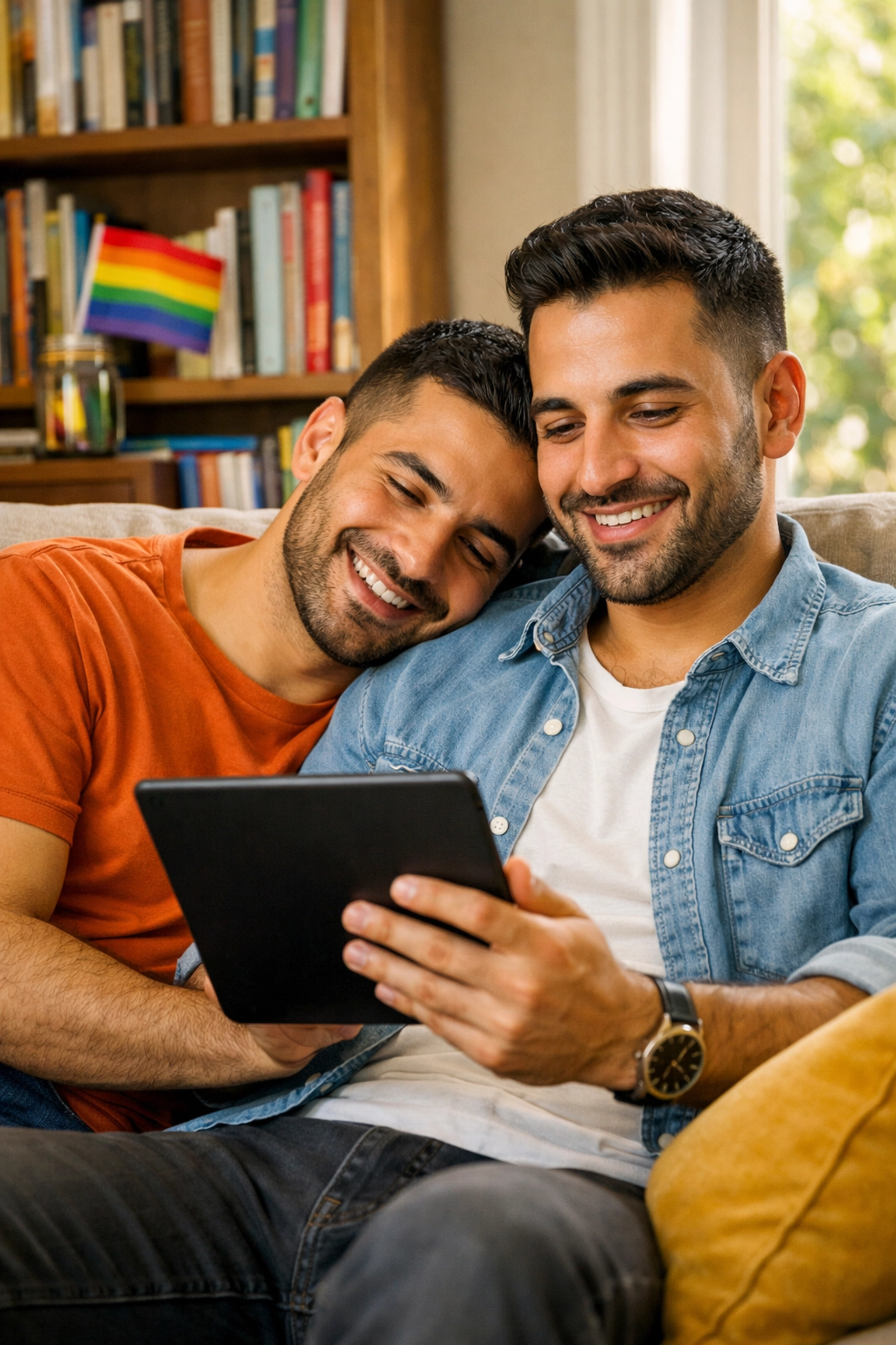 A happy gay couple reading LGBTQ+ ebooks together, finding their next favorite gay romance novels.