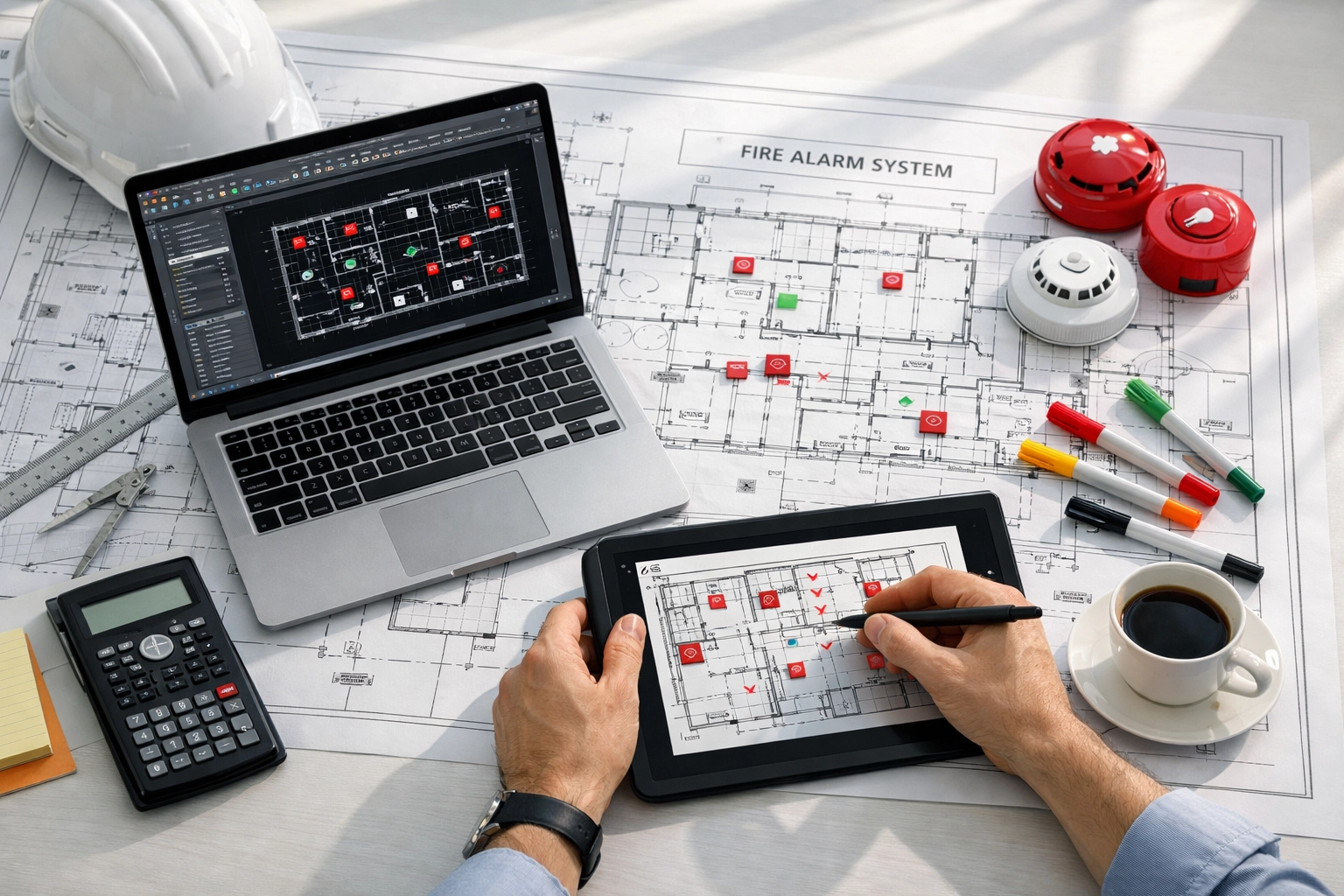 Fire alarm system design blueprints and CAD software on engineer's desk