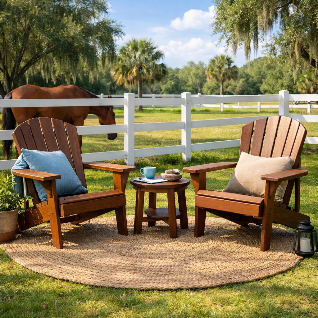 Outdoor therapy setting in St. Cloud with chairs and a horse, ideal for anxiety therapy in Orlando.