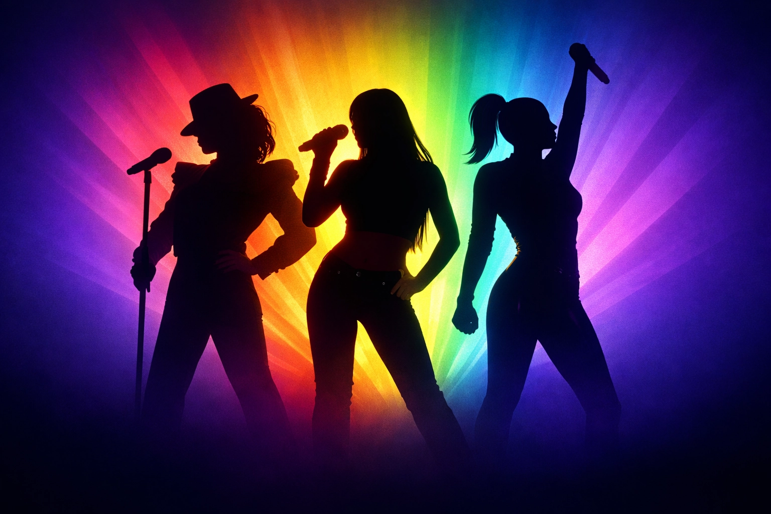 Silhouettes of LGBTQ+ pop music icons spanning decades of queer advocacy and allyship
