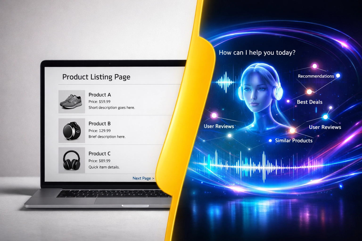 Traditional Amazon product listing compared to AI-powered optimization for Rufus assistant
