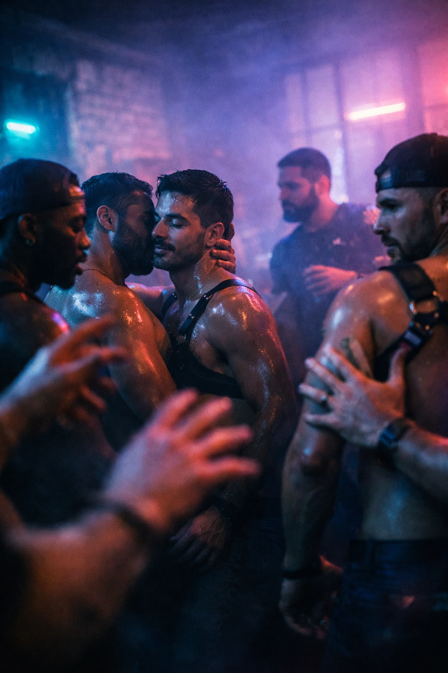 A group of gay men in a neon-lit urban loft, capturing the intense energy of a collective session.