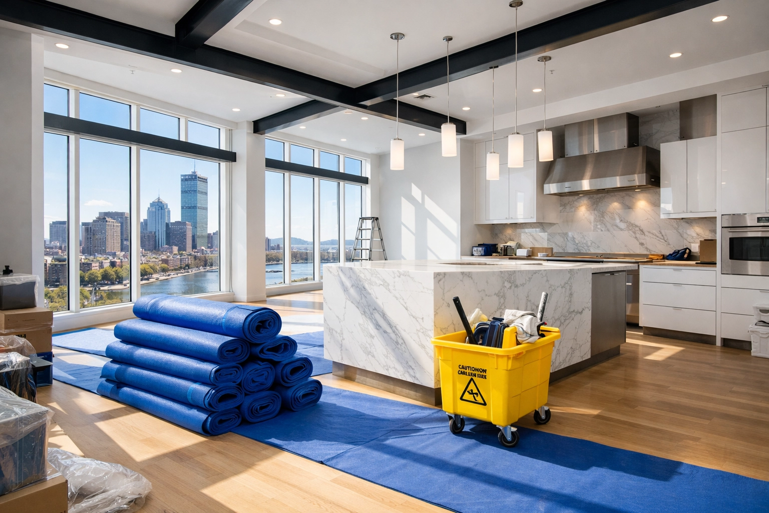 Luxury penthouse interior undergoing professional post-construction cleaning MA for a flawless finish.