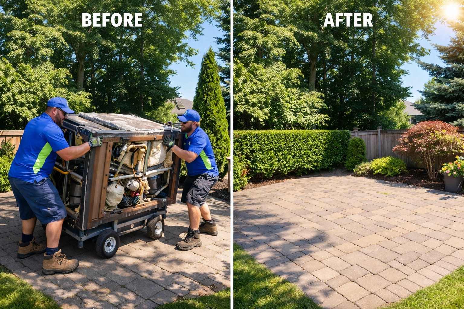 Junk GTA crew removing an old hot tub from a Newmarket backyard for a seasonal yard cleanup.