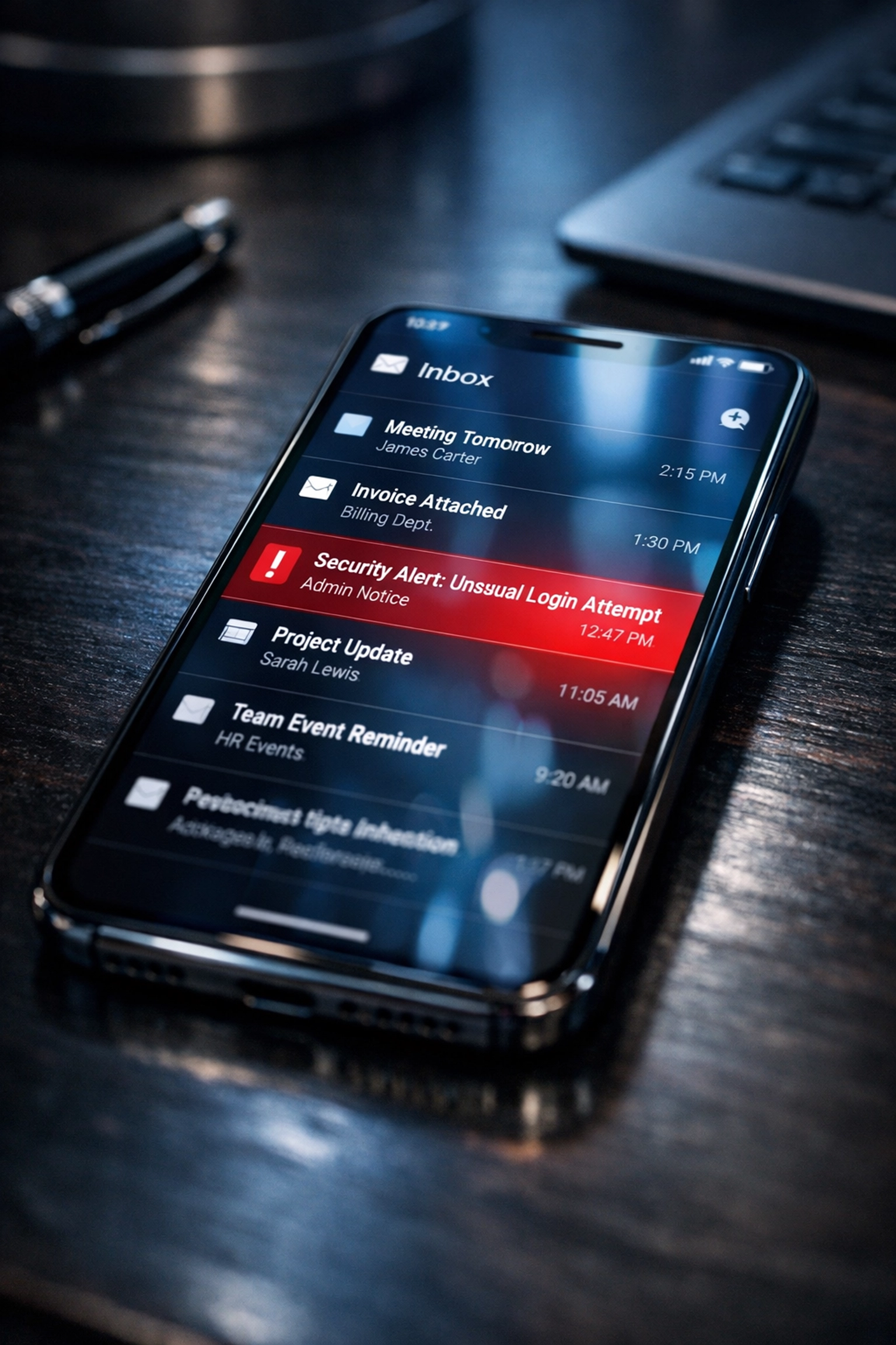 Smartphone displaying email inbox with phishing threat, showing cybersecurity risks for law firms