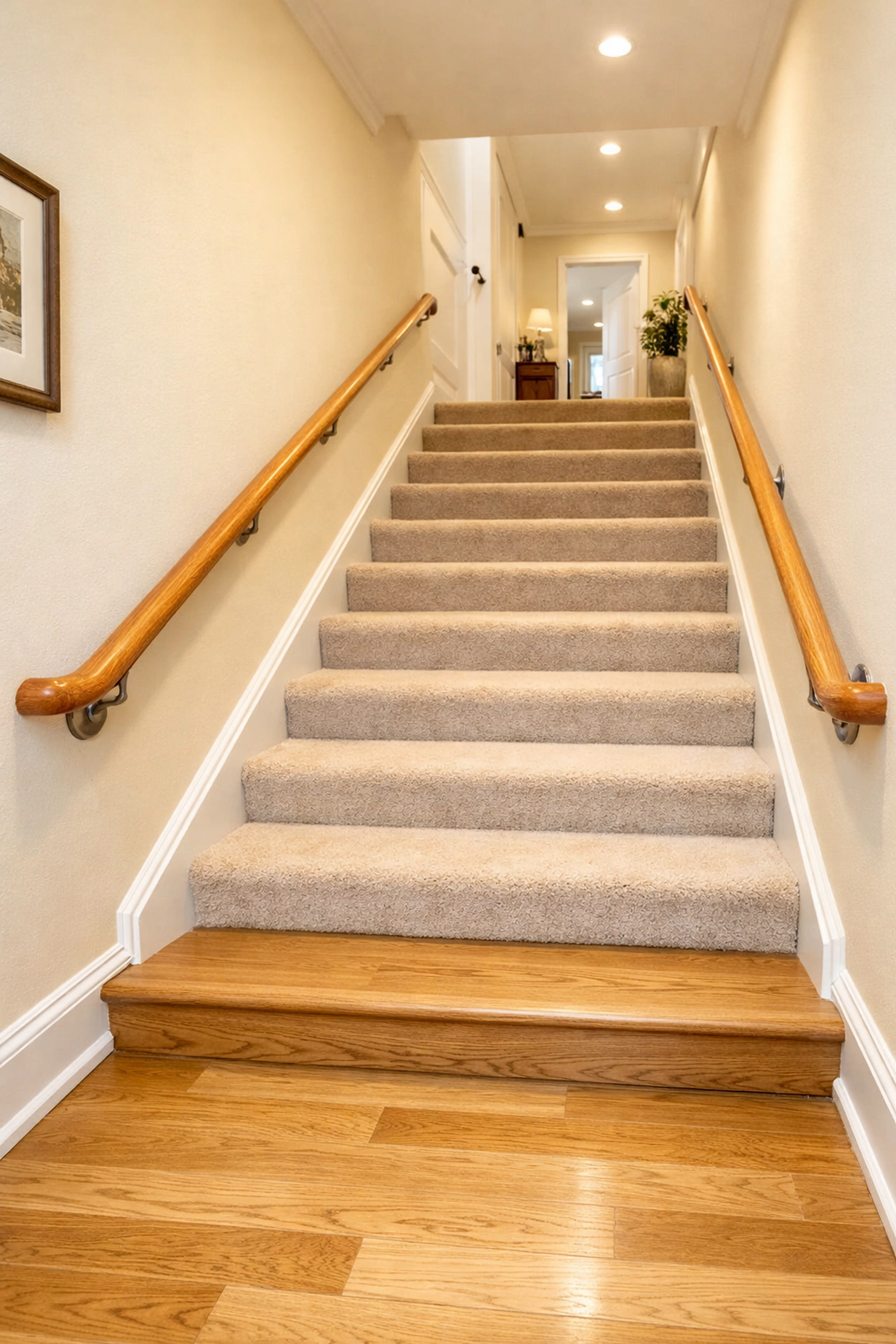 Modern staircase equipped with sturdy matching handrails on both sides for balanced support.