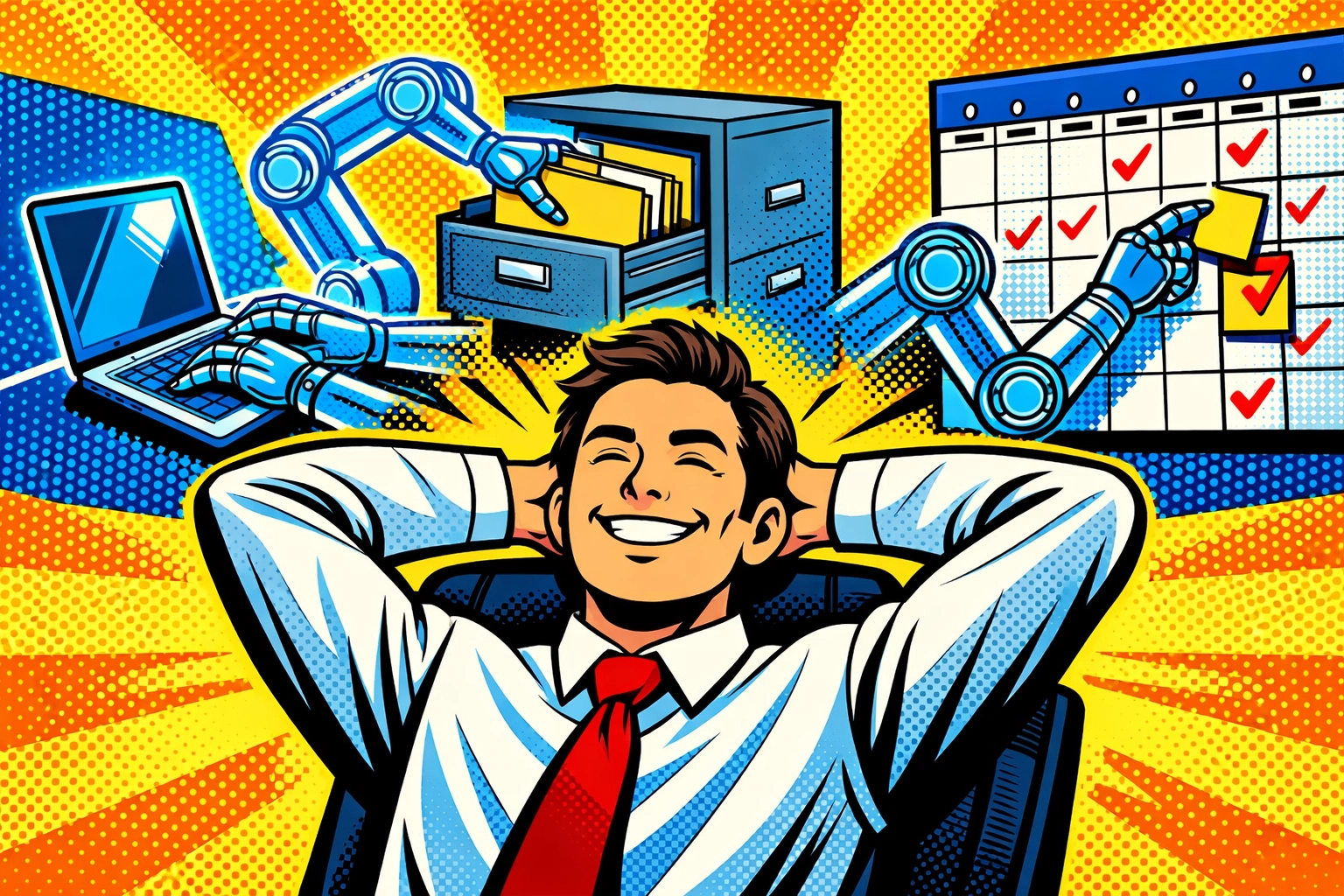 Entrepreneur relaxing while automated robotic arms use business automation tools for admin tasks.