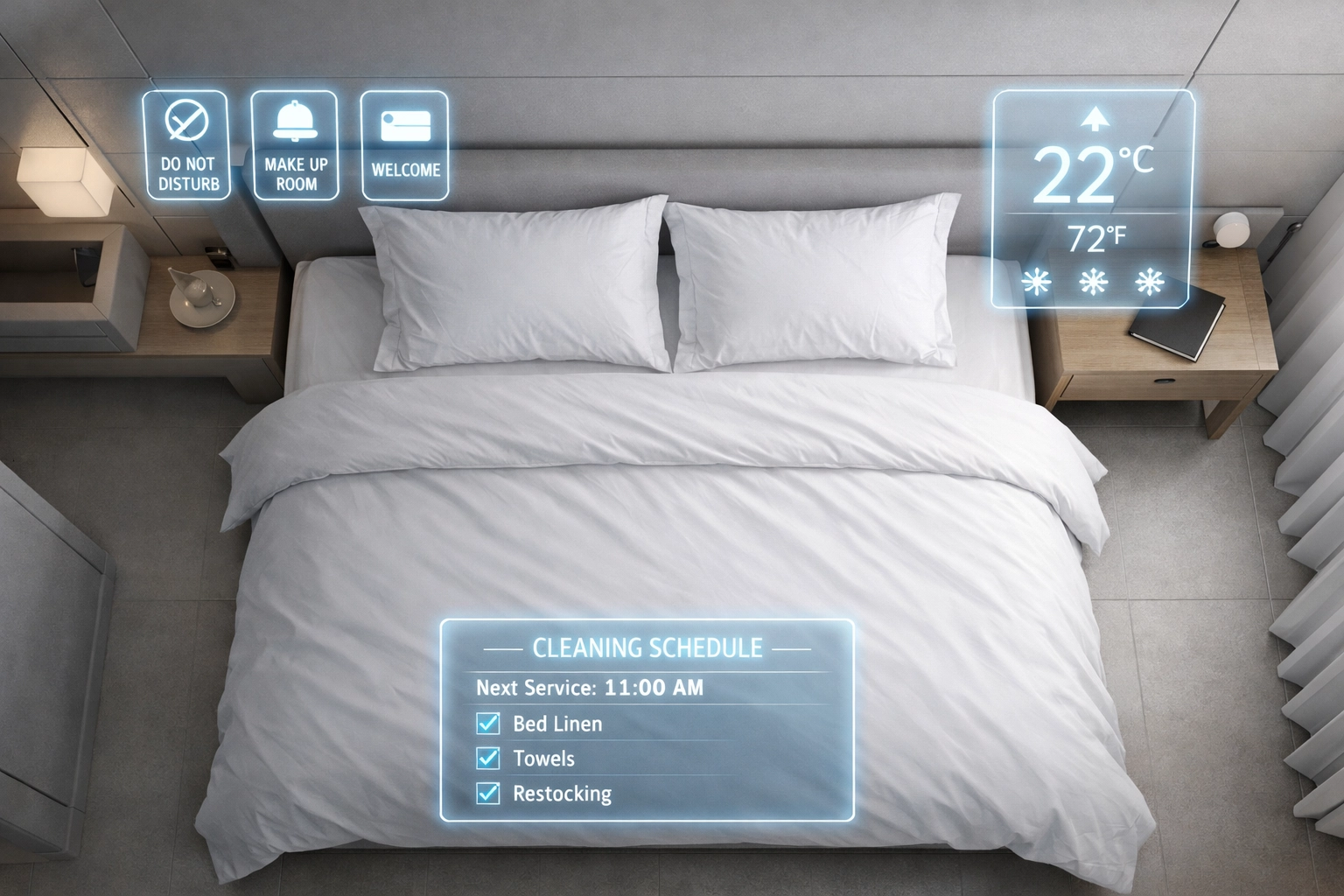 Modern hotel room with automated temperature and room status controls