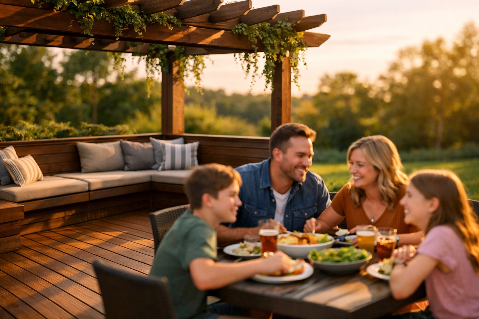 Modern composite deck in Middle Tennessee with family outdoor dining and pergola