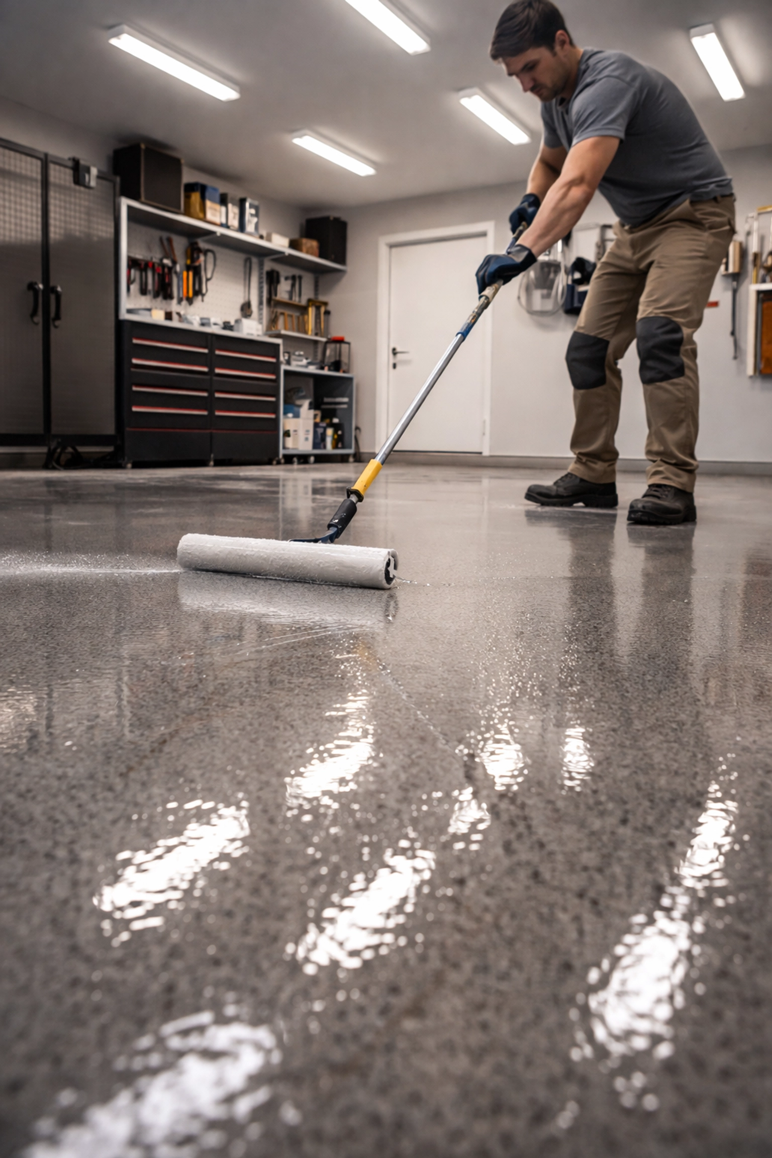 Contractor applying polyaspartic floor coating to a clean garage floor with a glossy smooth finish for durability