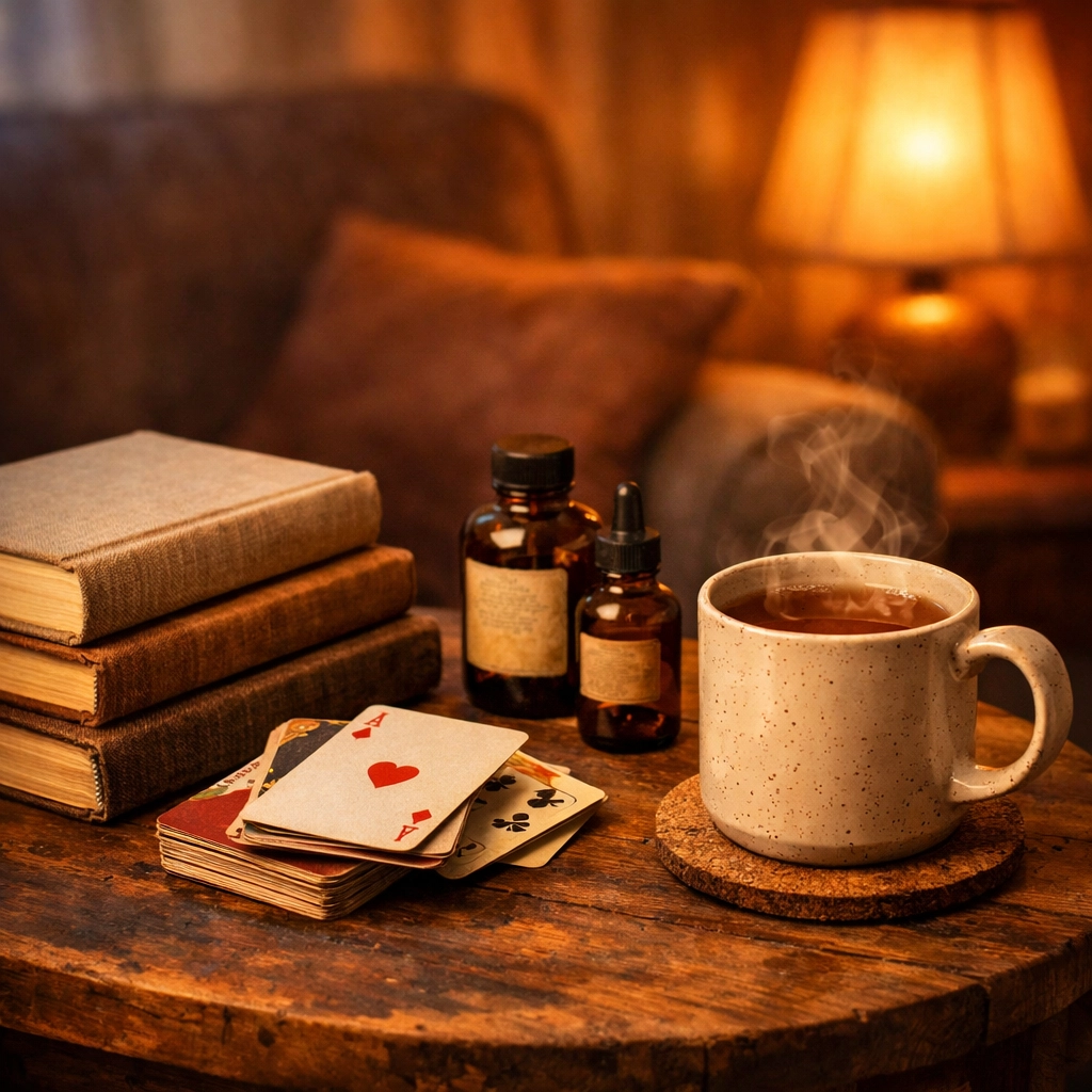 Mental health resilience items including books, wellness supplements, and comfort essentials for home isolation.