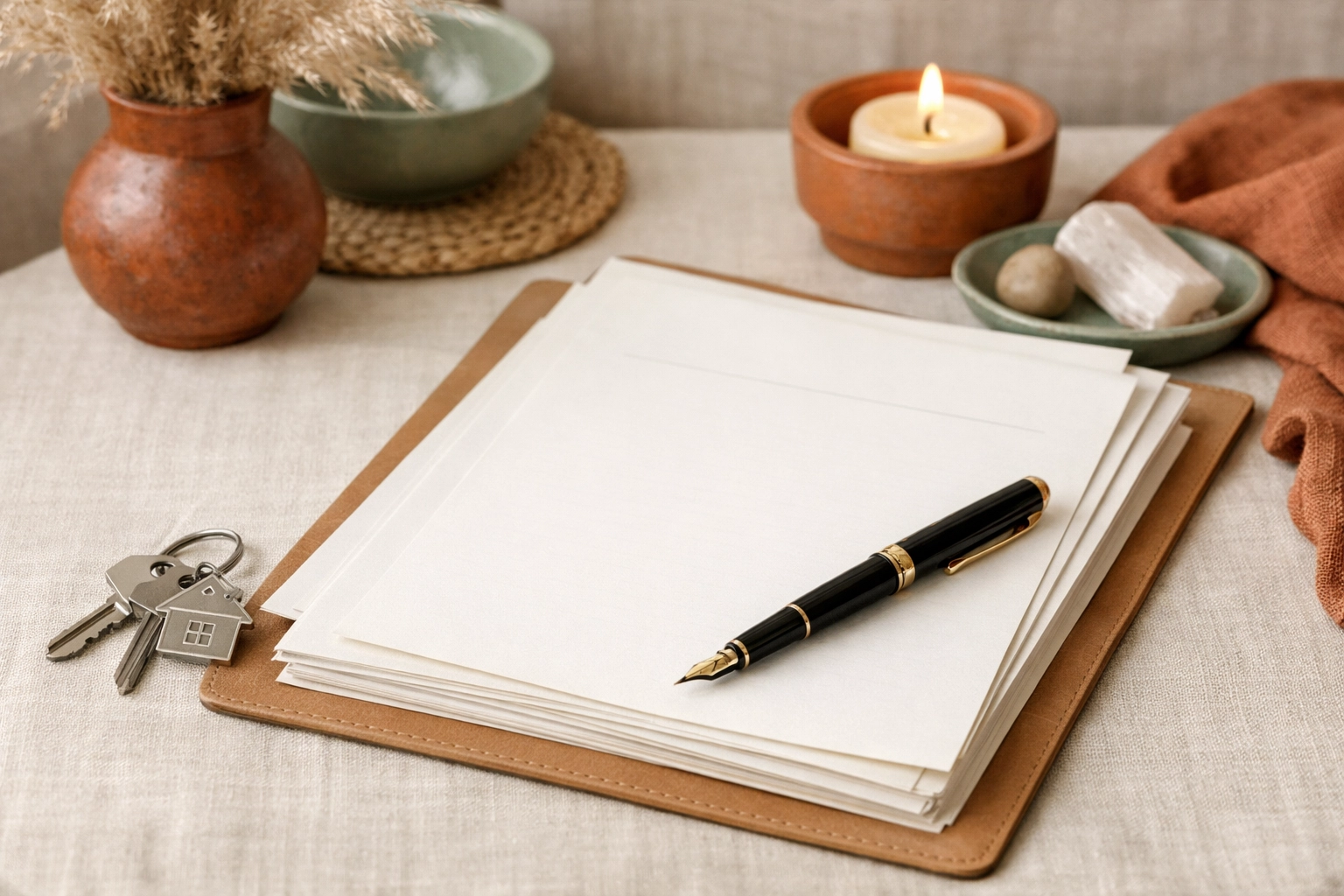 A fountain pen, house keys, and neatly stacked legal papers on a cream linen surface with soft terracotta and sage accents.