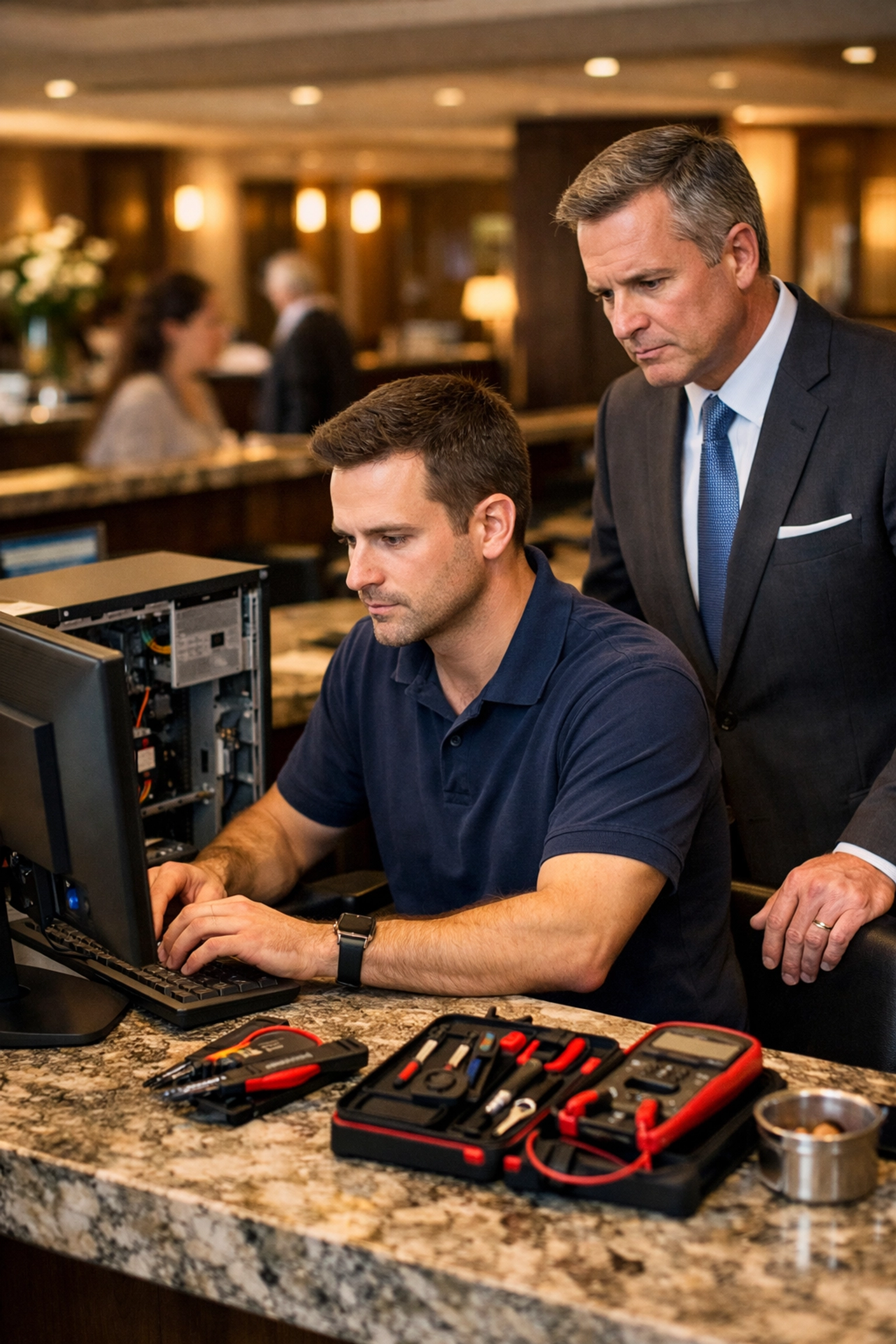Specialist IT support technician troubleshooting hotel front desk computer system with manager