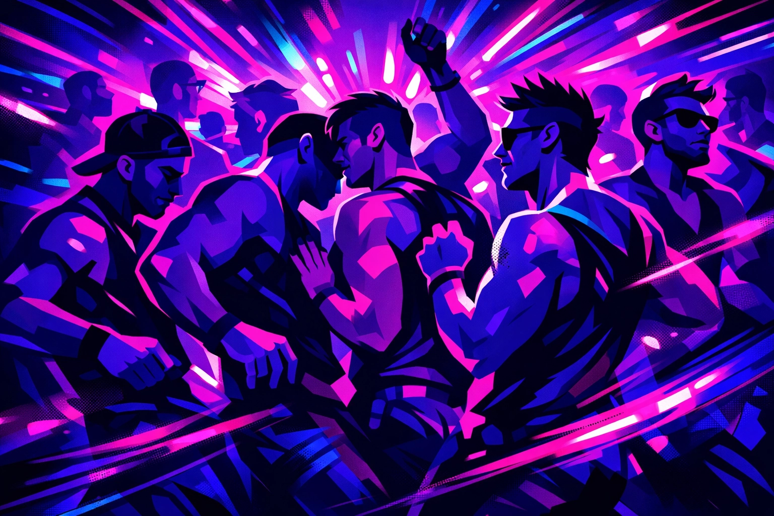 Men dancing close together in vibrant gay nightclub with neon lights