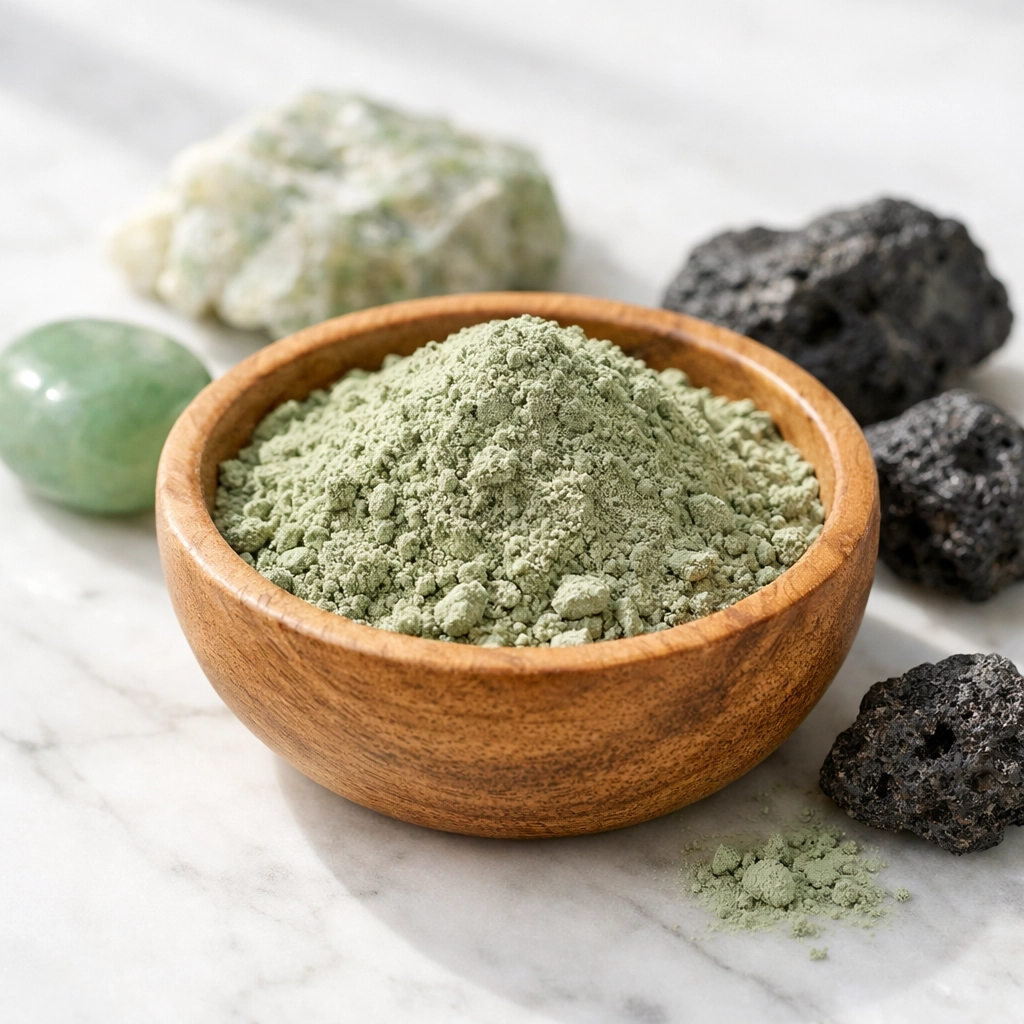 French green clay powder with volcanic minerals showing natural healing properties