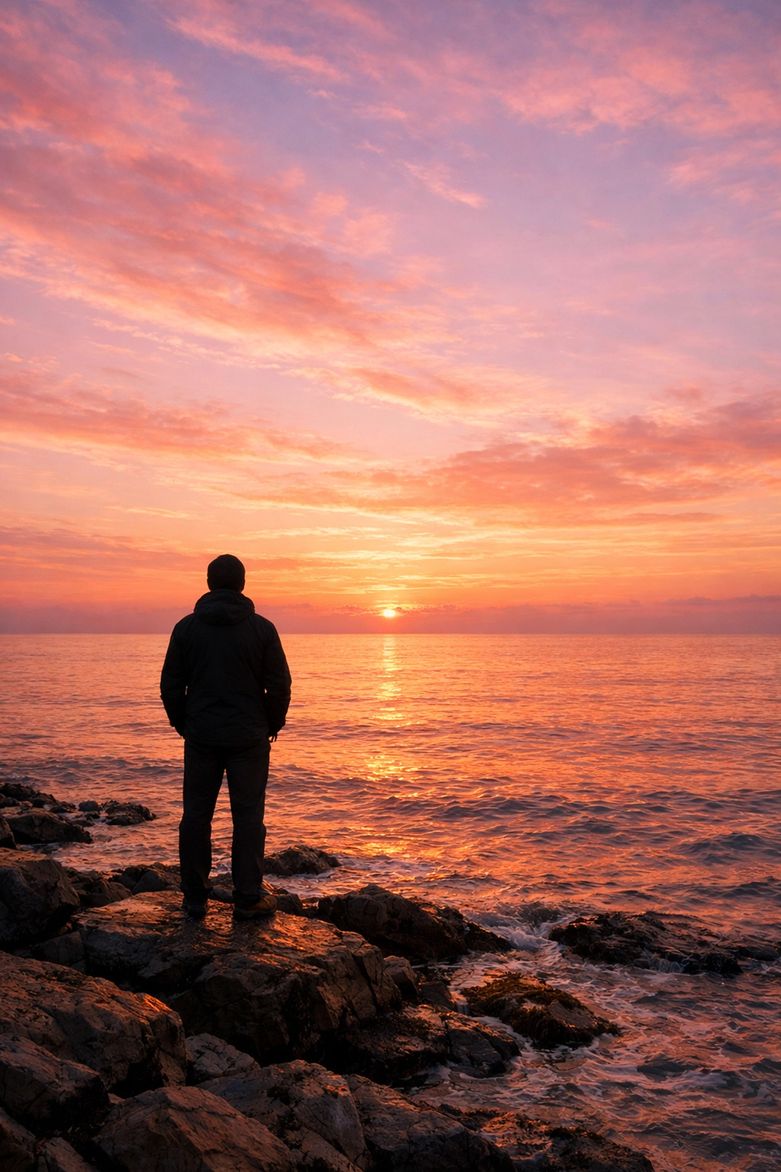 A person standing on a rocky coast at sunrise, reflecting on the uplifting message of songs about Jesus.