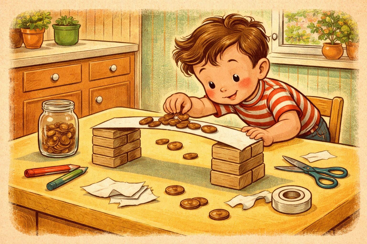 Child testing a paper bridge with pennies at a kitchen table demonstrating lesson in bridge strength and STEM learning