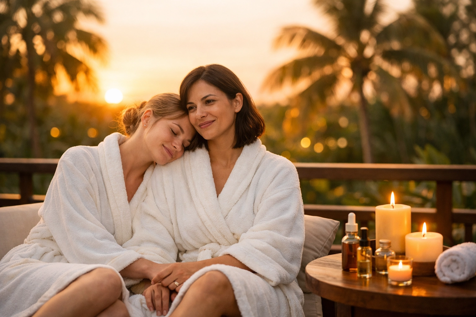 Two women relaxing on luxury spa terrace at LGBTQ+ inclusive wellness retreat