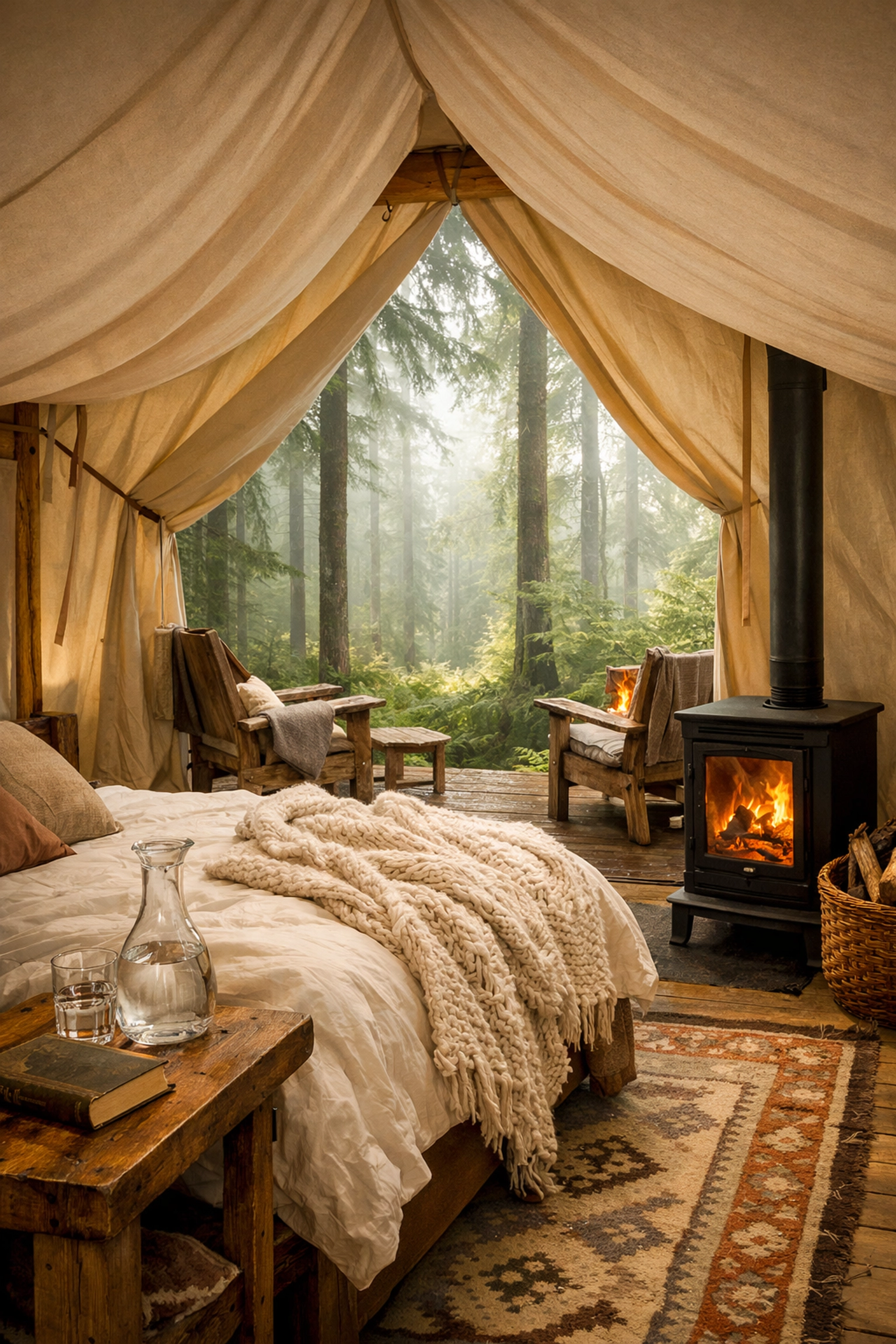 A luxury glamping tent in a misty forest, designed for a digital detox and a stress-free nature escape.
