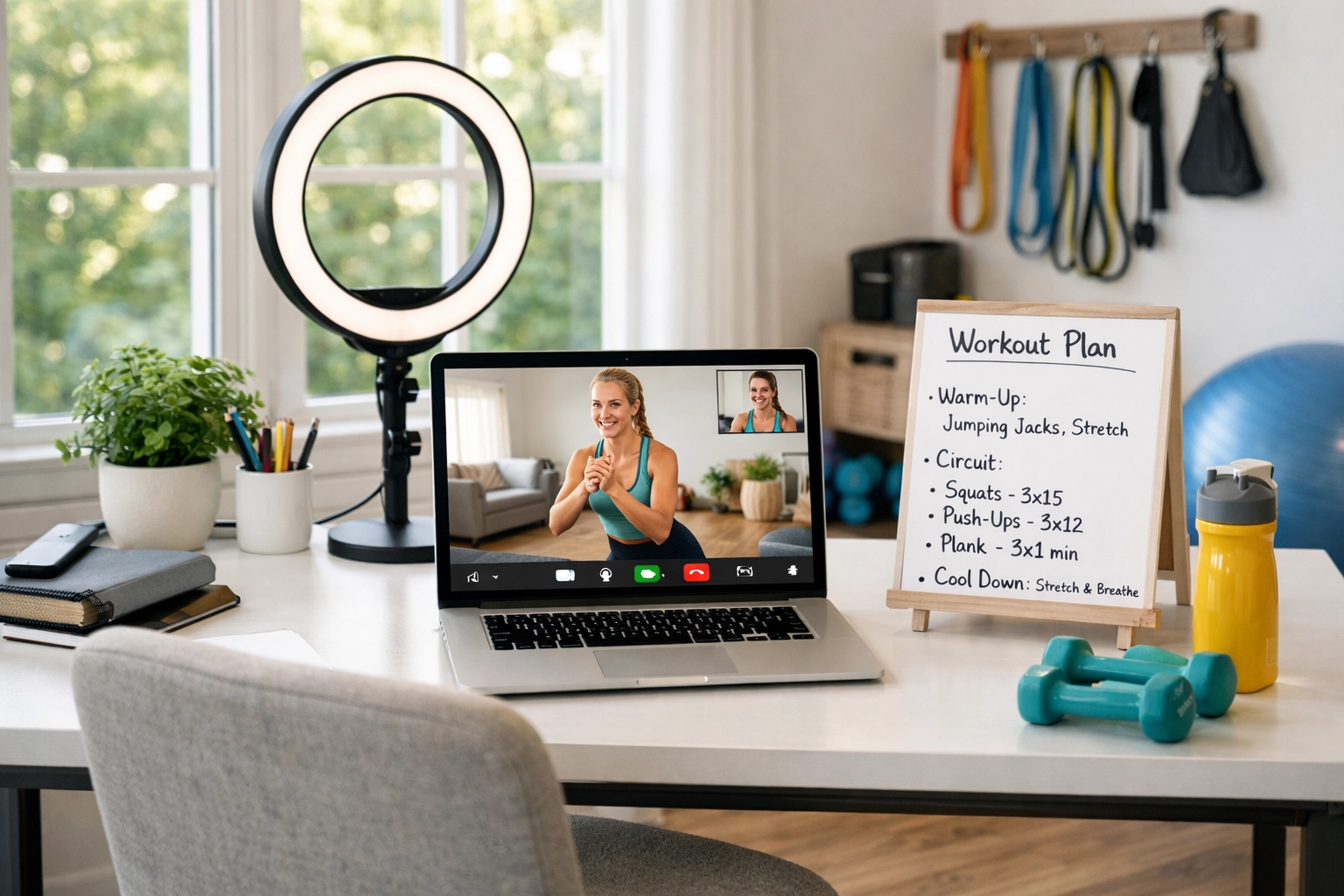 Virtual fitness coaching home office with laptop for online personal training sessions