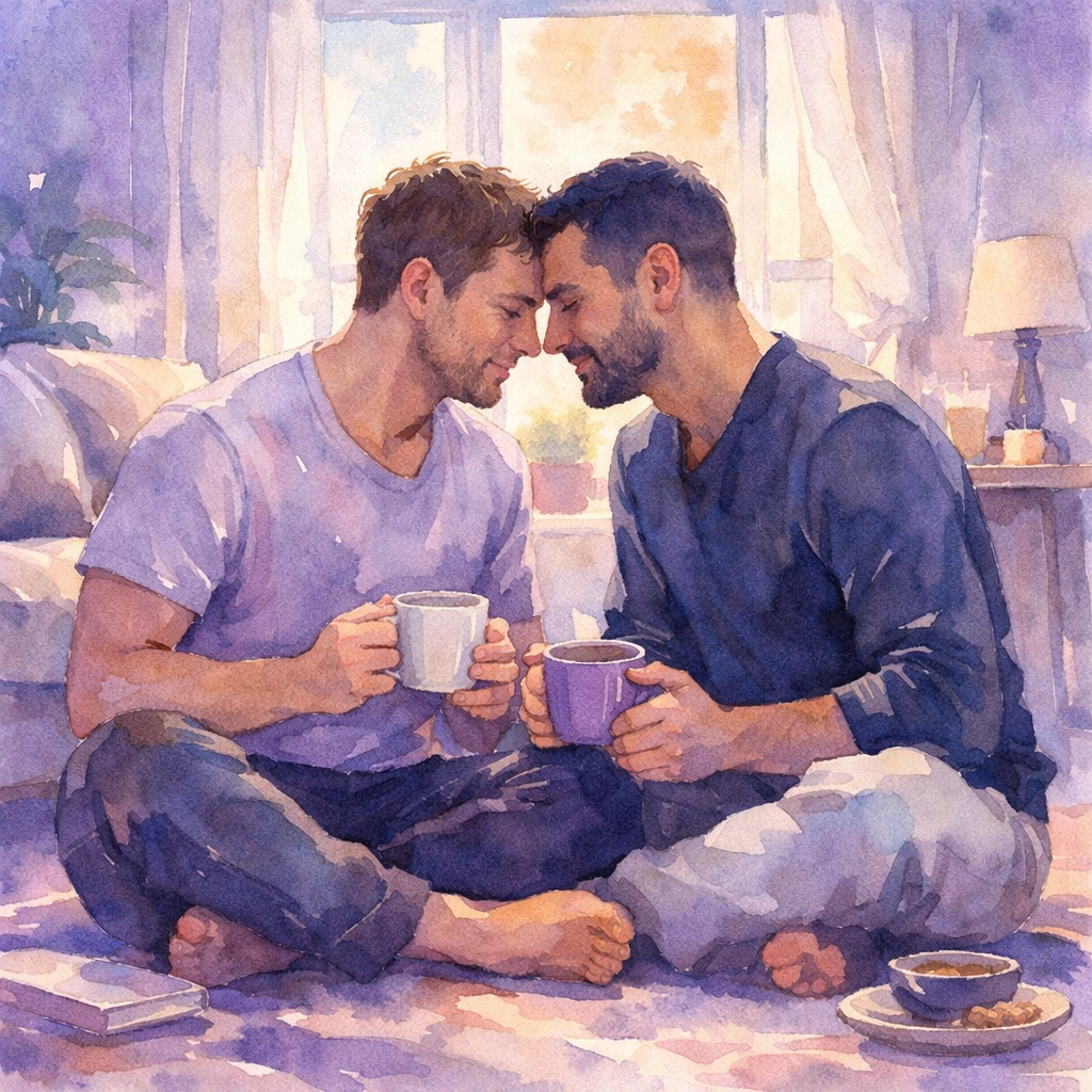 Gay couple sharing intimate morning coffee ritual in their home