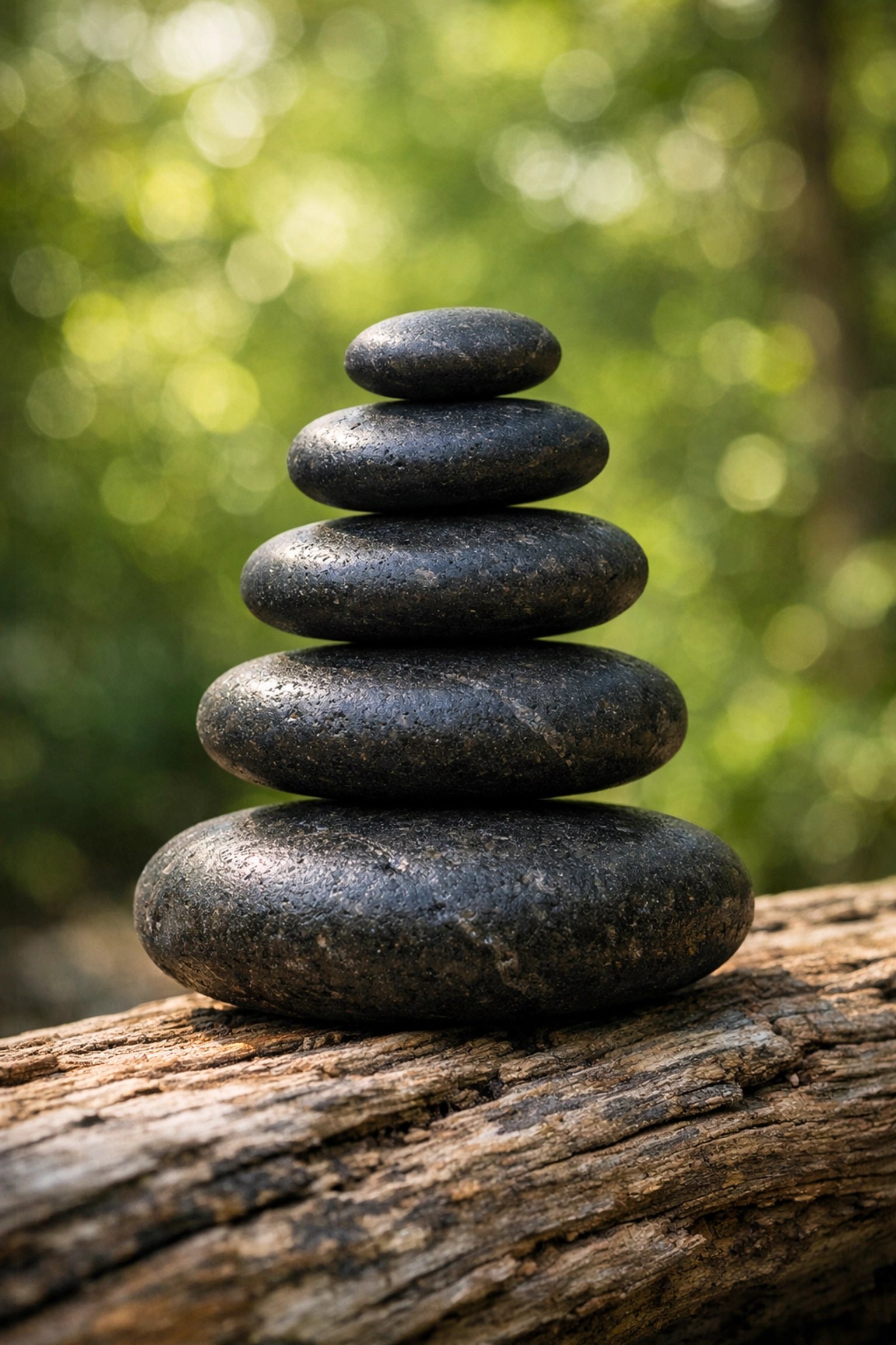 Balanced river stones in a forest symbolizing a stable, diversified investment portfolio and financial peace.