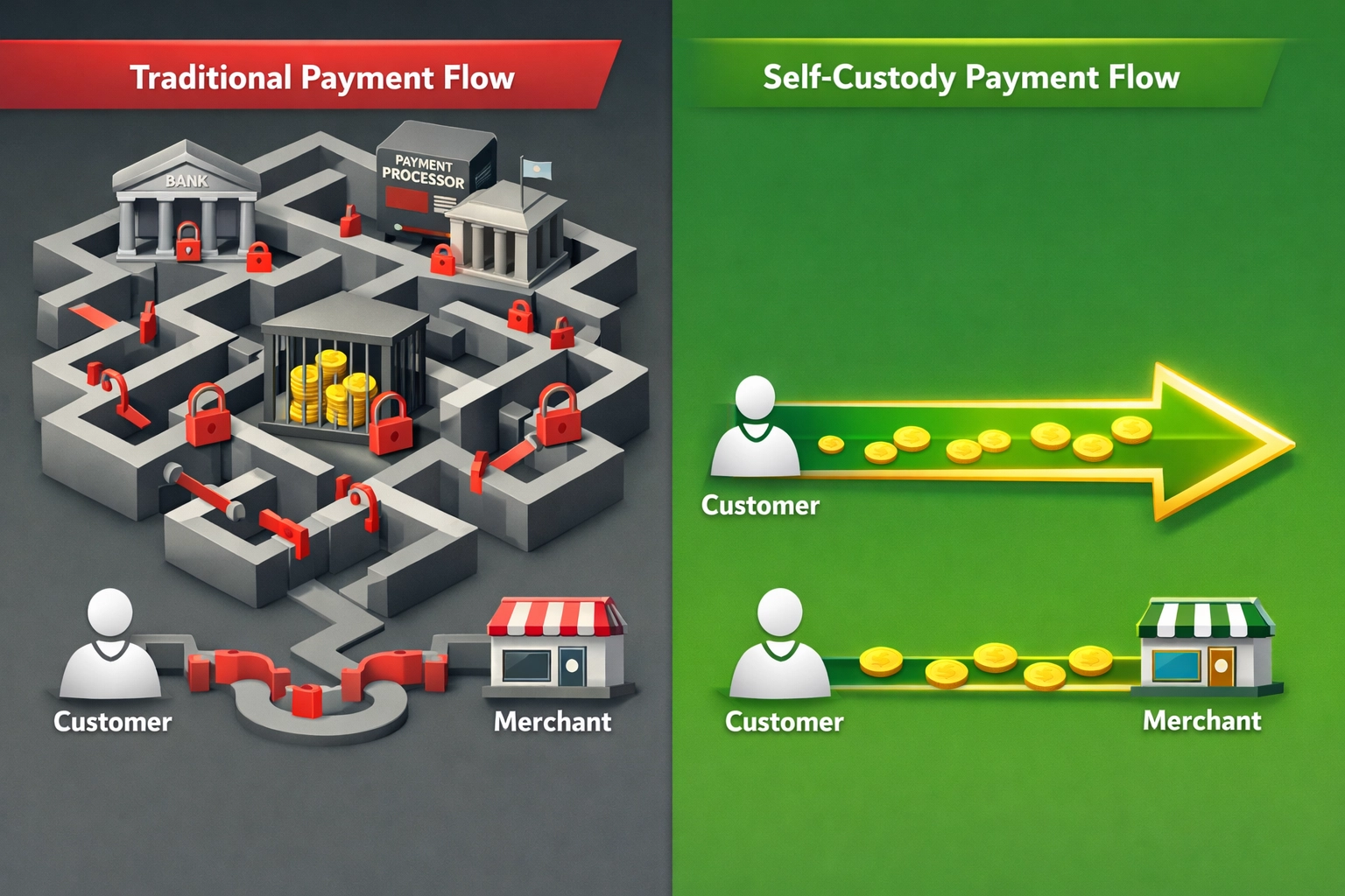 Payment flow comparison showing direct crypto payments versus traditional intermediary processing