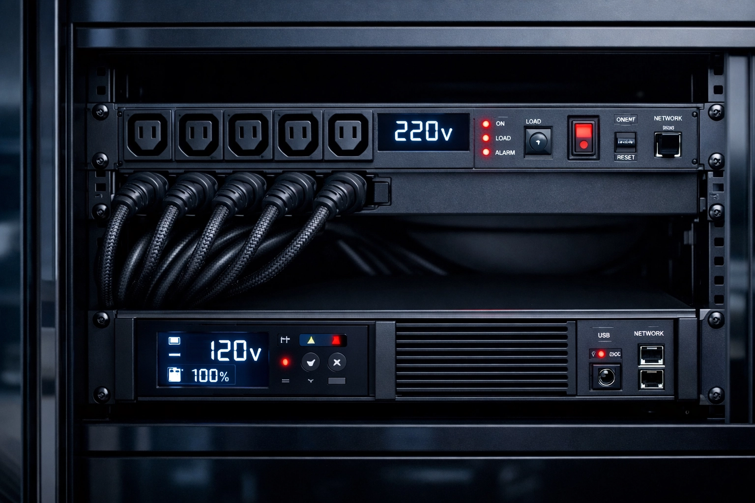 Rack-mounted UPS and PDU in a sleek home server cabinet for residential network power protection.