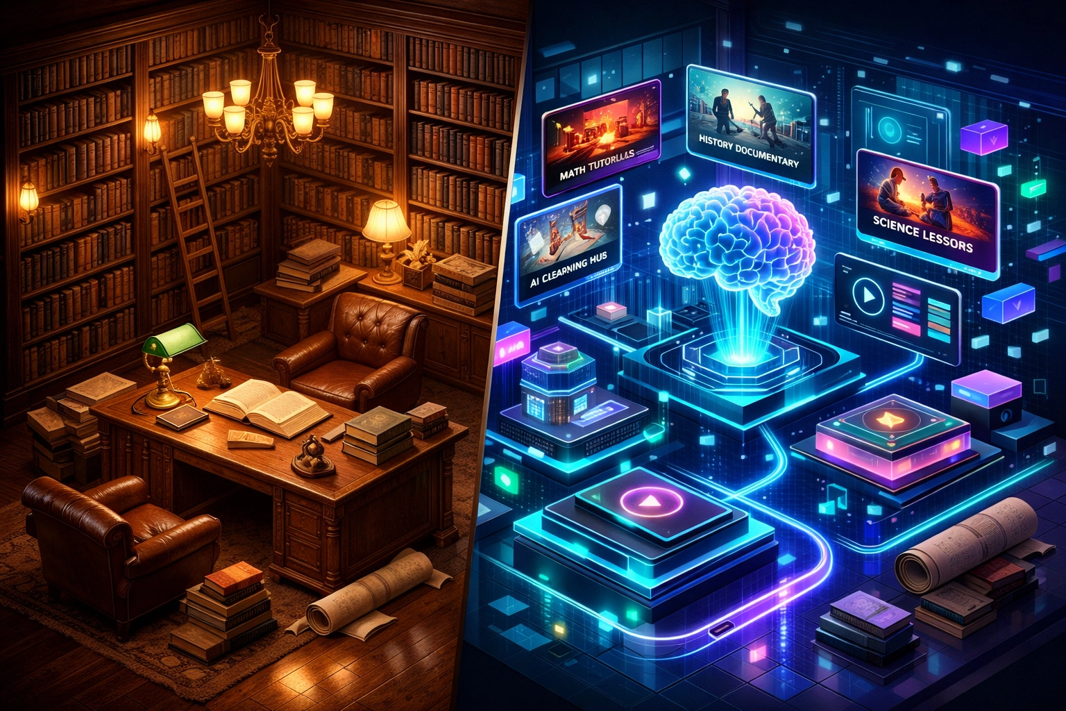 Comparison of a traditional library and a modern AI-powered digital learning ecosystem